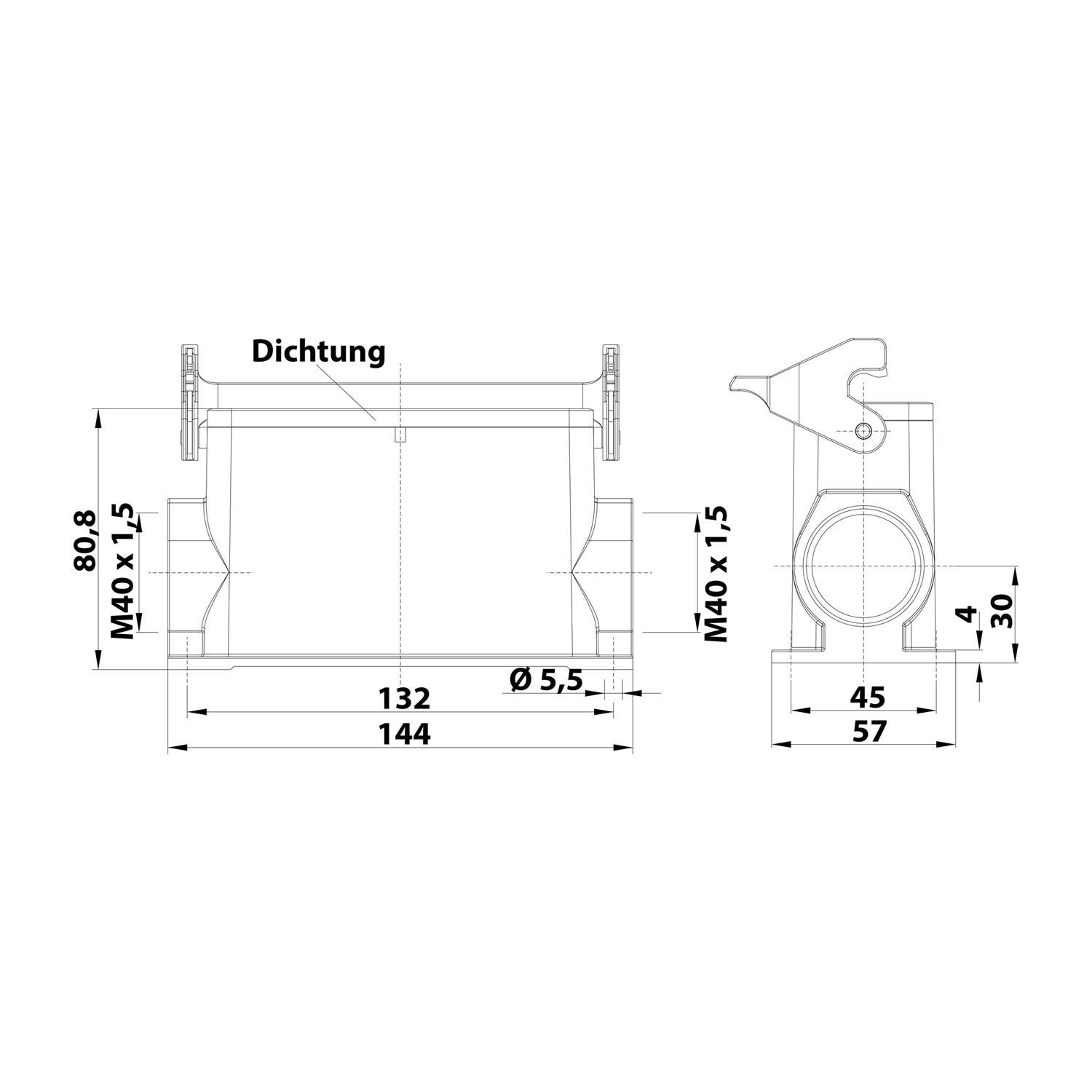 Technische Zeichnung eines mechanischen Bauteils mit Maßen. Seitenansicht: Breite 132 mm, Höhe 80,8 mm. Draufsicht: Durchmesser 55,5 mm.