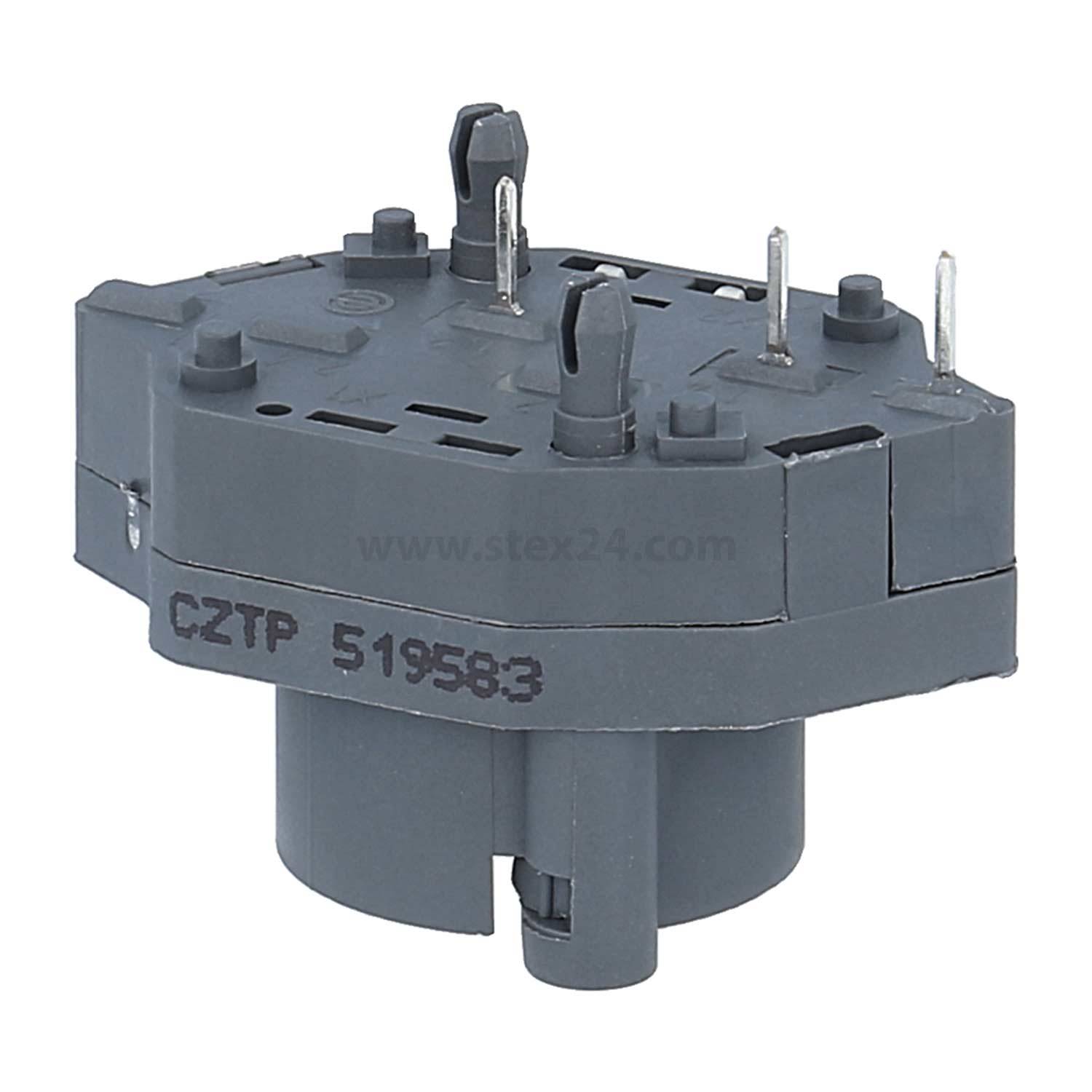 Graue elektrische Komponente mit mehreren Metallstiften oben und der Modellnummer CZTP 51958-3 an der Seite.