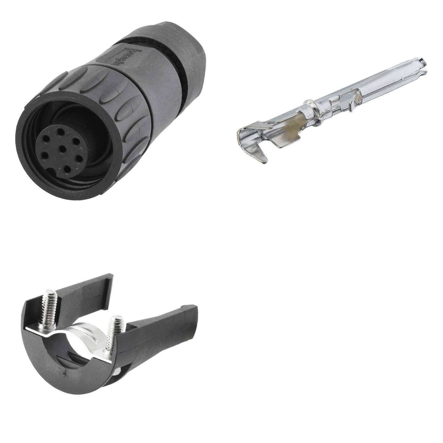 Kabelverbinder, Abisolierwerkzeug und Kabelklemmen, die auf einem weißen Hintergrund ausgestellt sind und für die Kabelverarbeitung und -installation wesentlich sind.