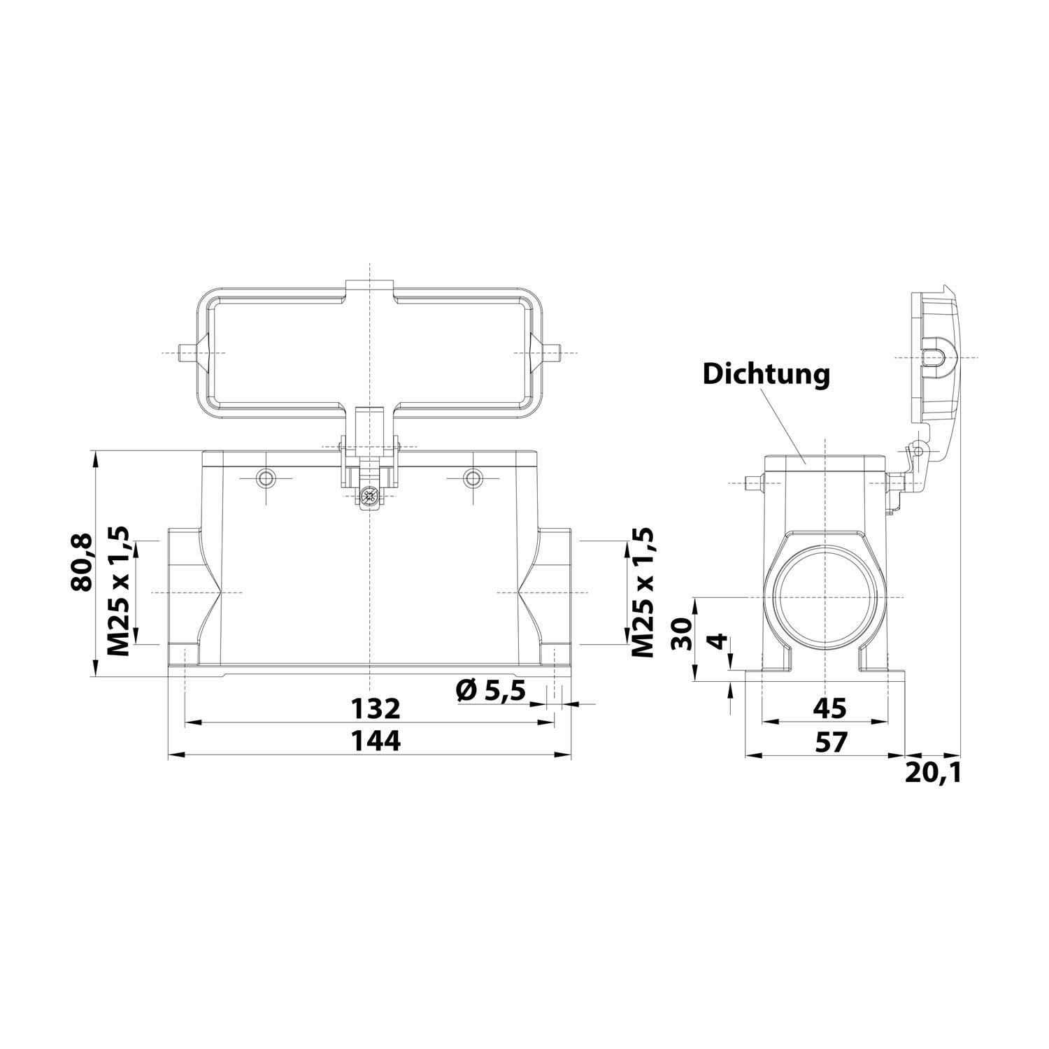 Technische Zeichnung einer Rohrverschraubung mit Maßangaben: 80,8 Höhe, 132-144 Länge, 5,5 Durchmesser, und enthält eine Dichtung mit der Bezeichnung 'Dichtung'.