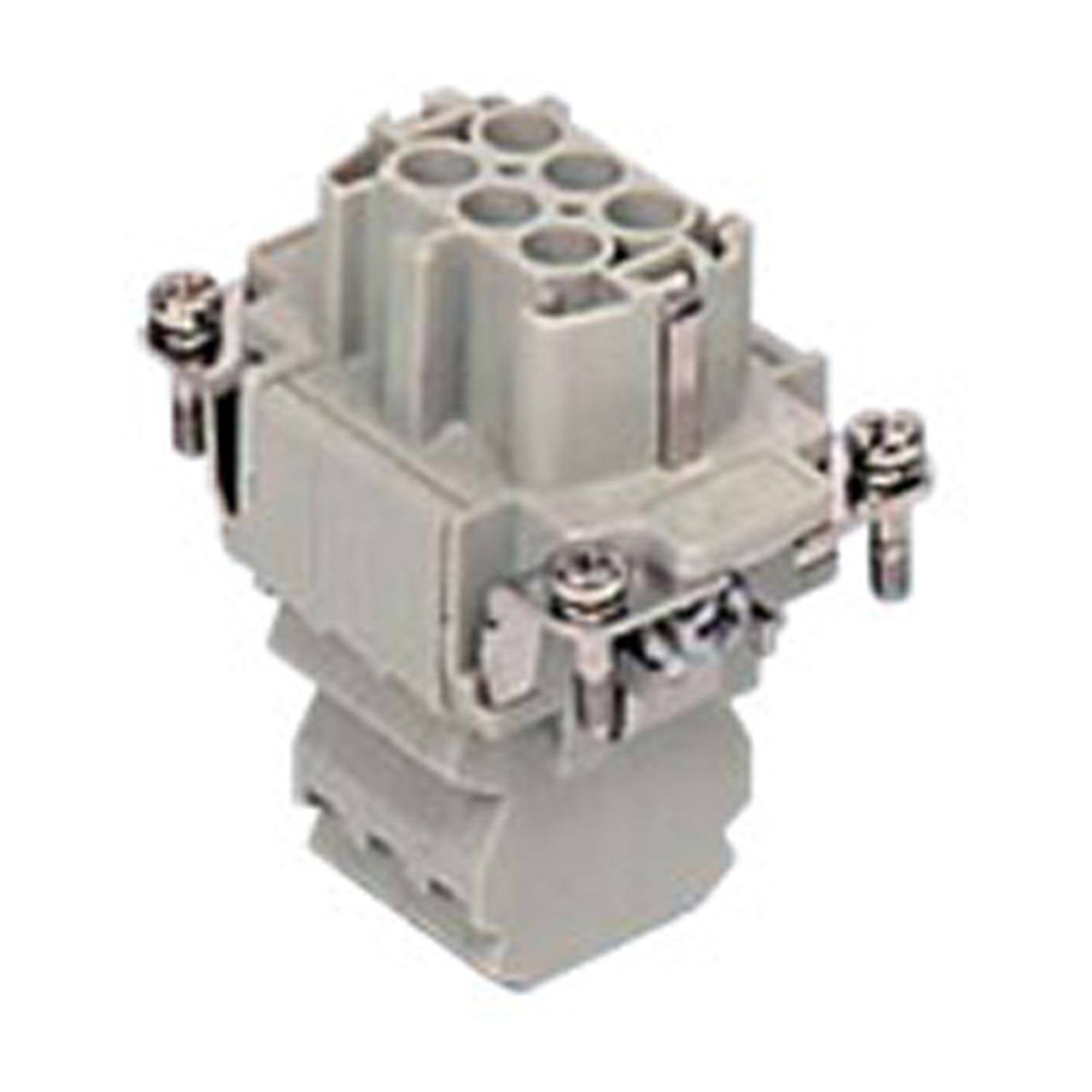 Ein grauer industrieller Anschluss mit mehreren Eingangssteckplätzen und zwei Befestigungsschrauben an jeder Seite, verwendet für elektrische Verbindungen.