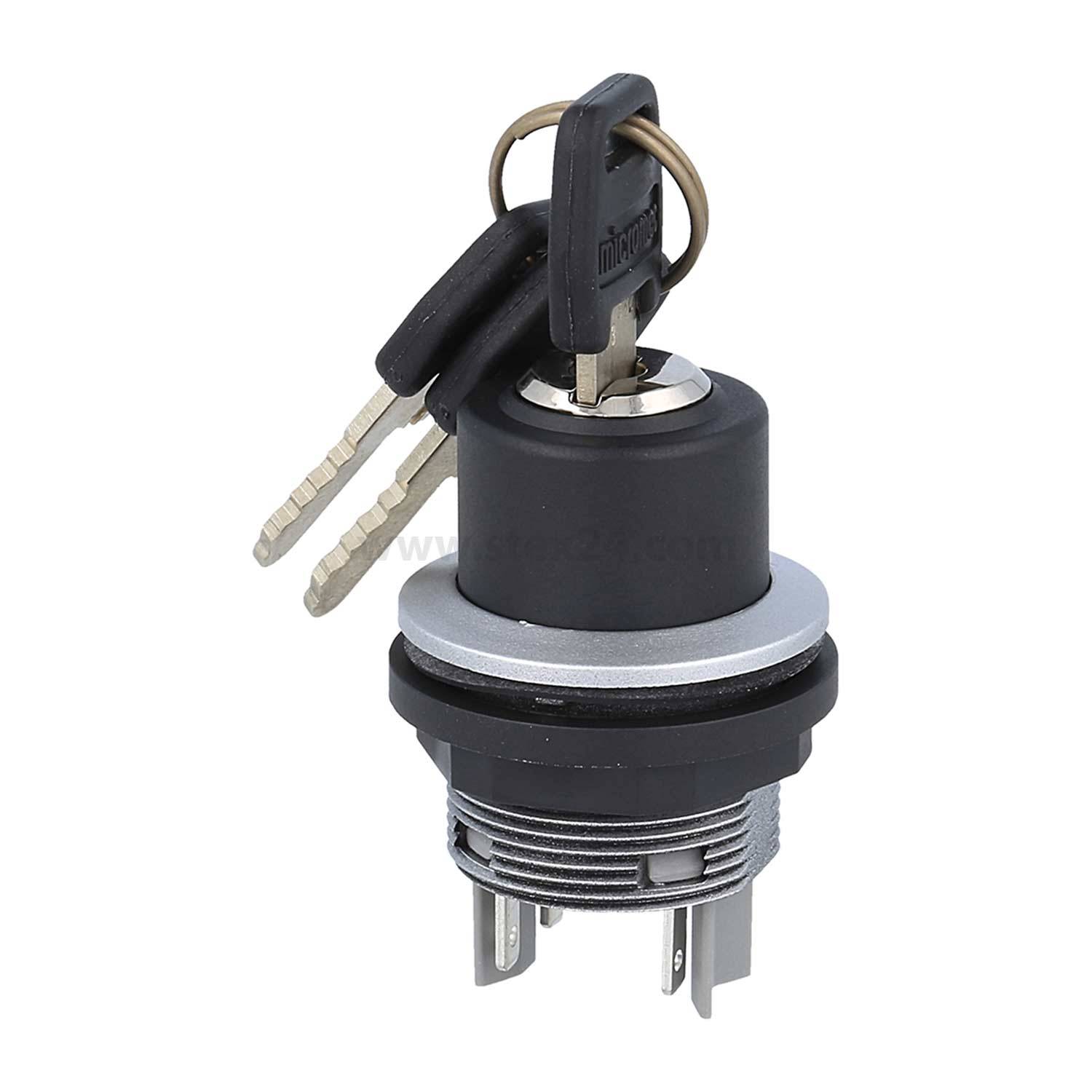 Schlüsselschalter mit eingesteckten Schlüsseln, der drei Anschlussklemmen für die Verkabelung an der Basis zeigt. Die Schlüssel haben einen kleinen Ring angebracht.