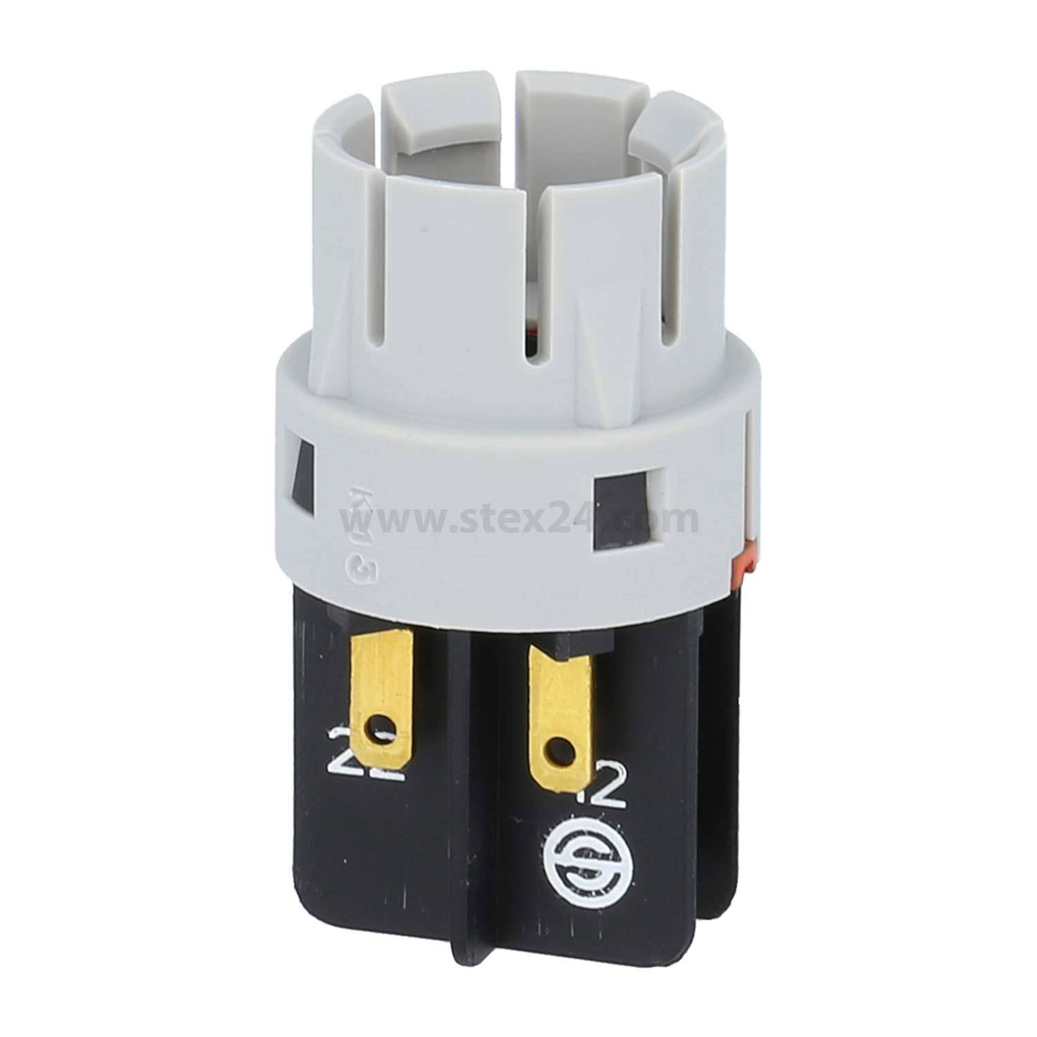 Elektrischer Steckdosenanschluss mit grauem Oberteil und schwarzer Basis, ausgestattet mit goldenen Kontakten, die mit 1 und 2 beschriftet sind.