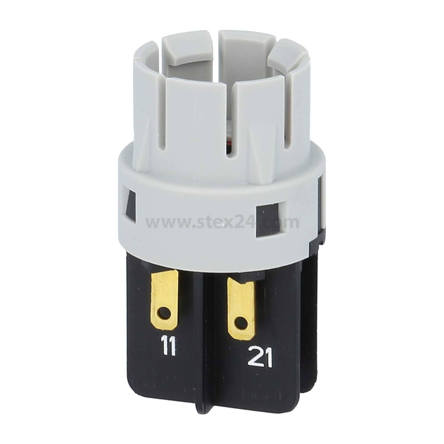 Ein zylindrischer elektrischer Anschluss mit grauem Oberteil und schwarzer Basis, der zwei Metallstifte mit den Bezeichnungen '11' und '21' aufweist.