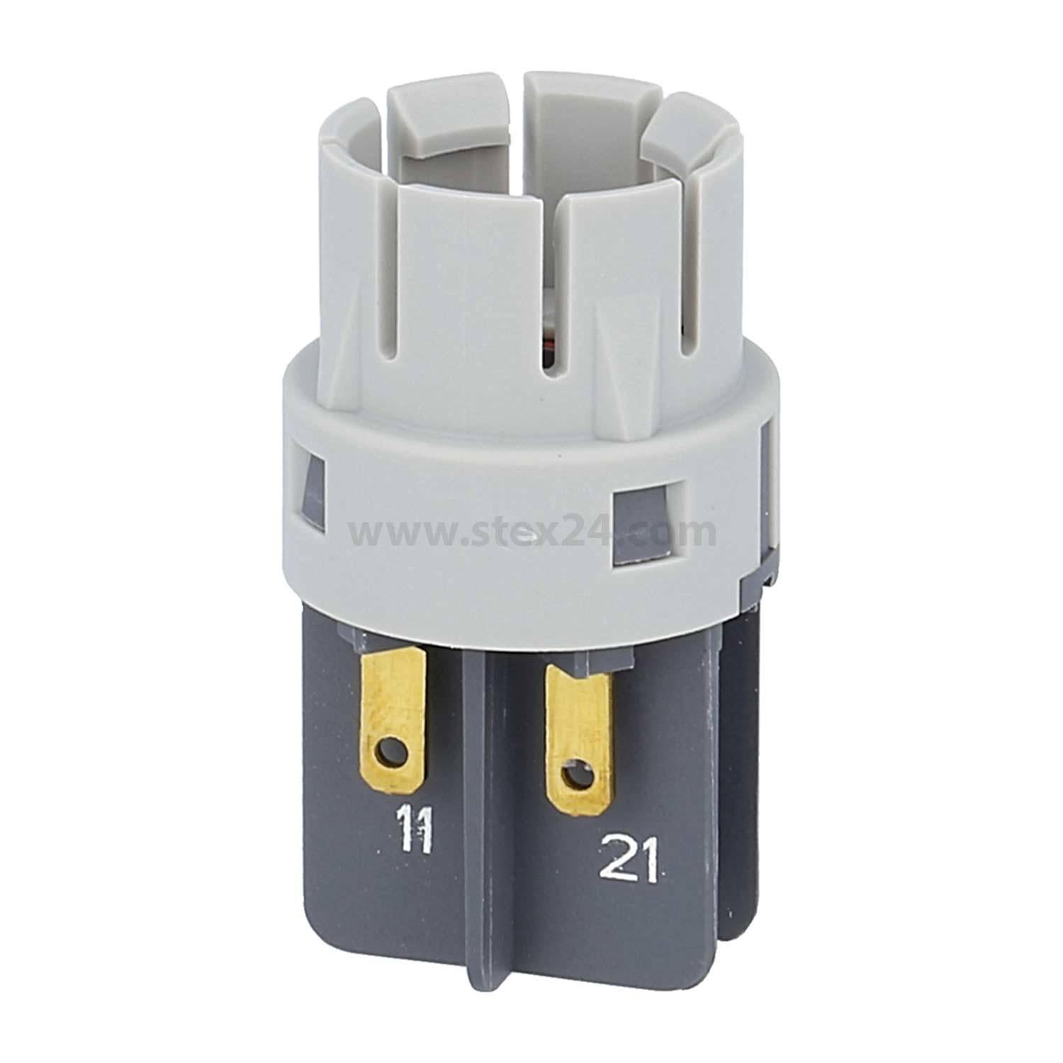 Elektrischer Verbinder mit zwei nummerierten Metallstiften 11 und 21, untergebracht in einem zylindrischen grauen Gehäuse.