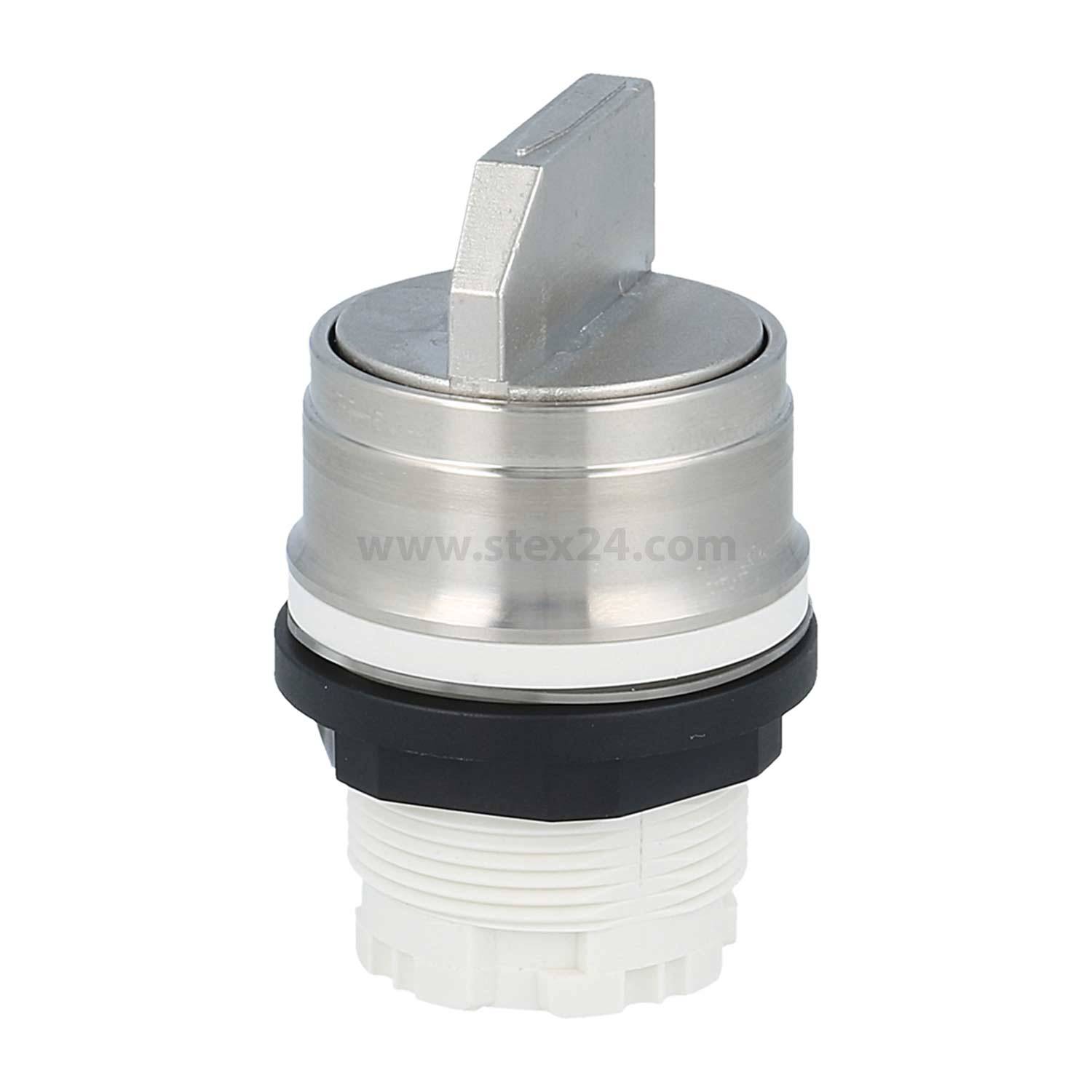 Ein metallischer elektrischer Schalterknopf mit gerilltem Griff und weißer Basis, für die Paneelmontage konzipiert und in industriellen Steuerungssystemen verwendet.