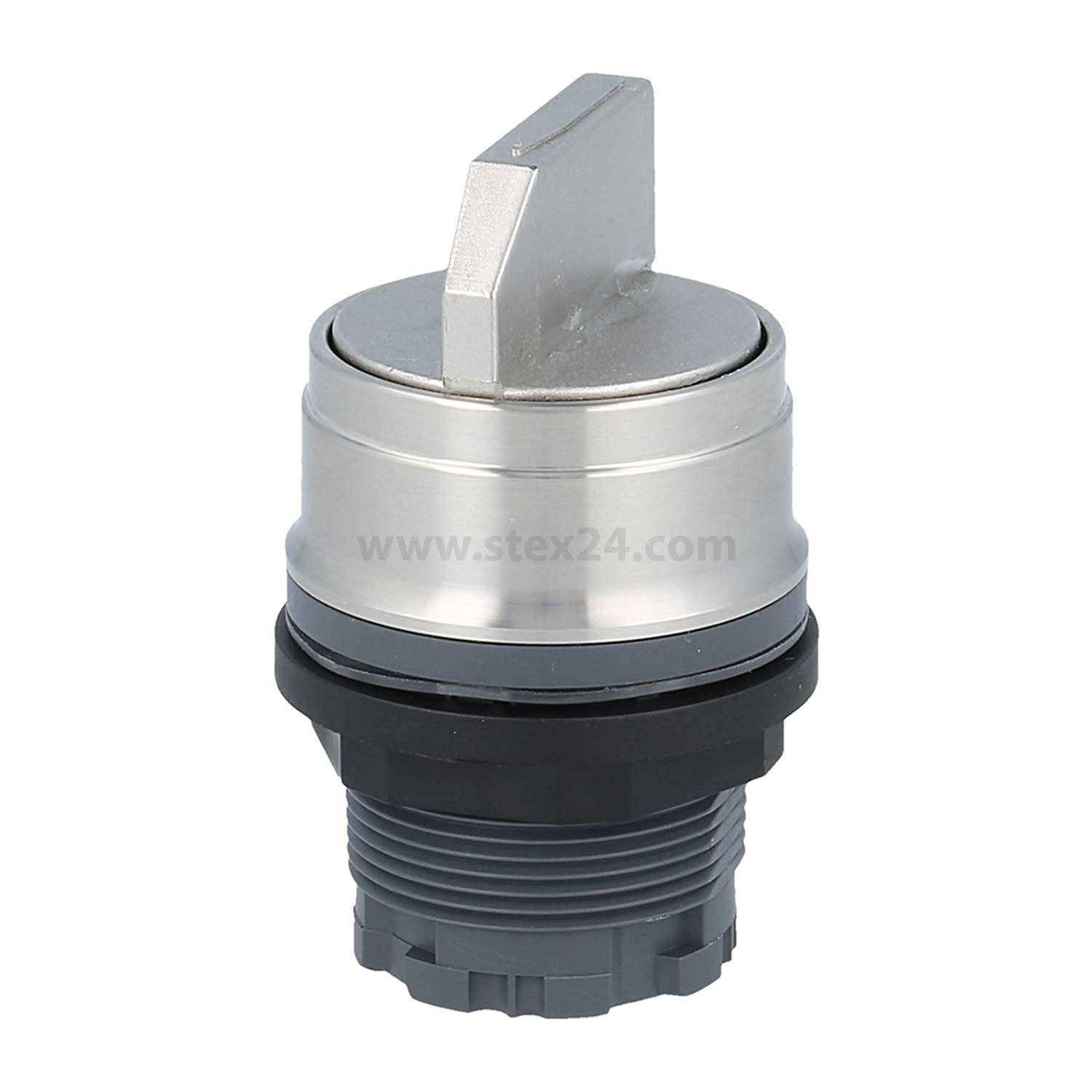 Ein Metall- und Kunststoff-Kippschalter mit einer zylindrischen Basis und einem flachen Hebel, der senkrecht positioniert ist.