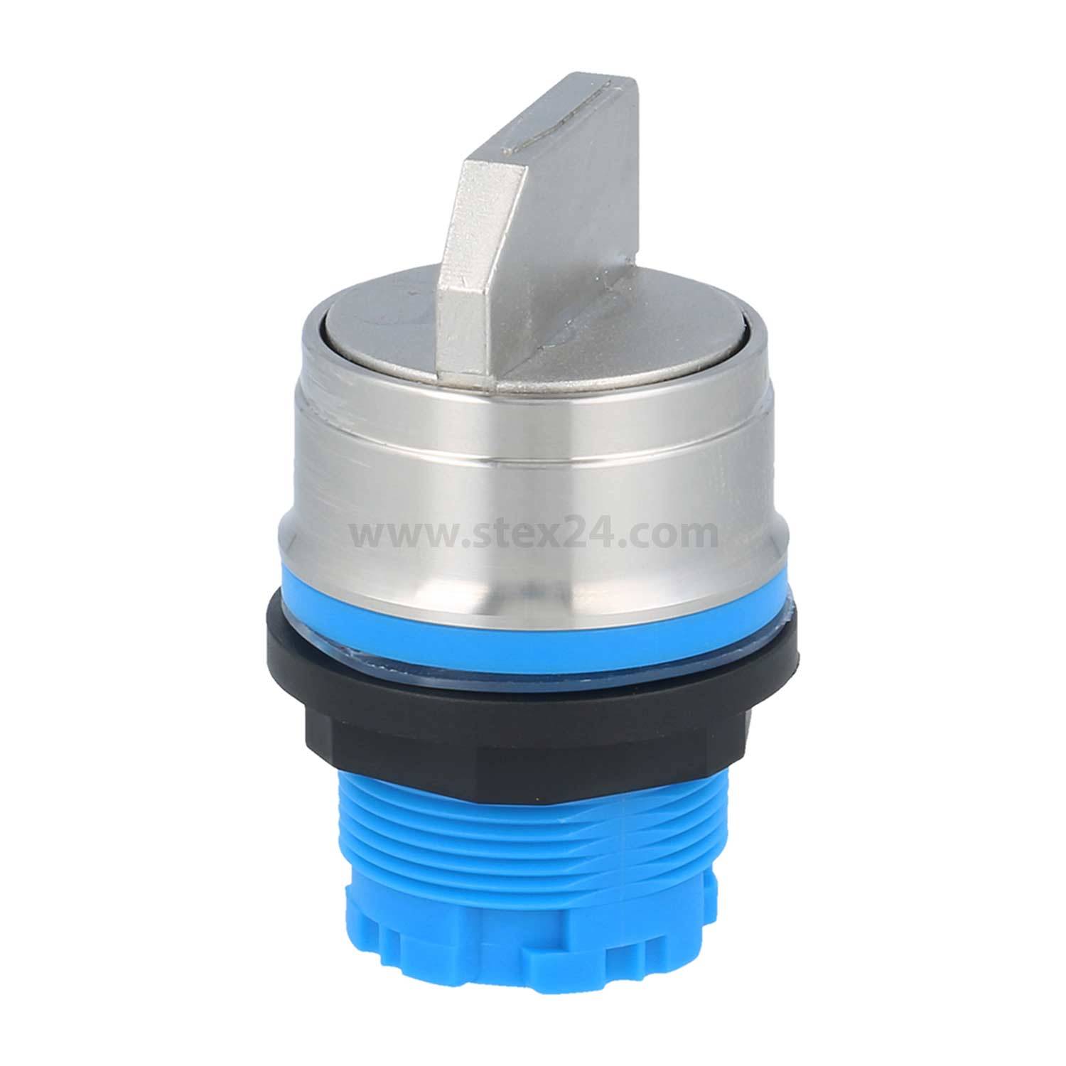 Drucktaster mit silberfarbener Oberfläche, blauer Basis und einem schwarzen Ring.