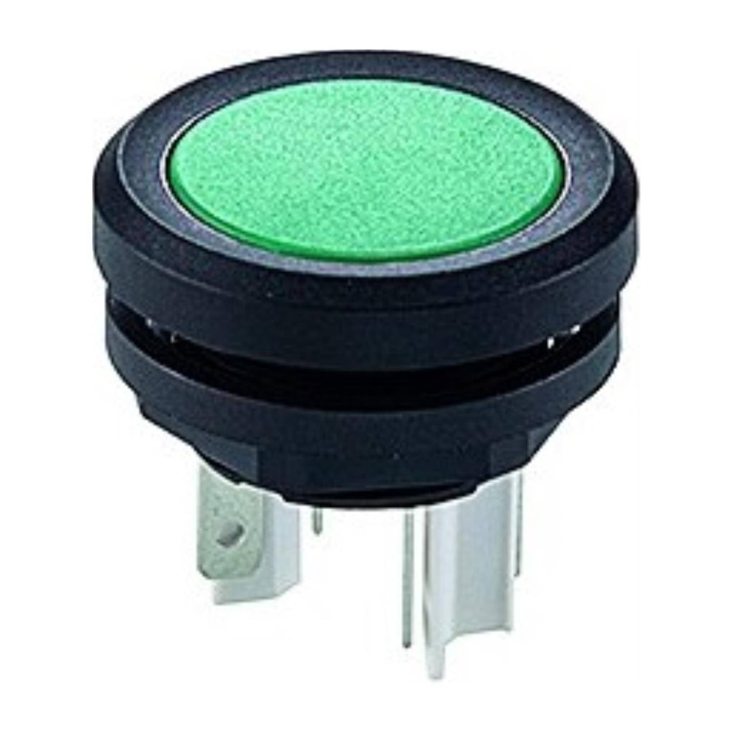 Ein runder, grüner Druckknopf mit einem schwarzen Rand und Metallanschlüssen darunter, der in elektronischen Geräten zum Schalten von Funktionen verwendet wird.