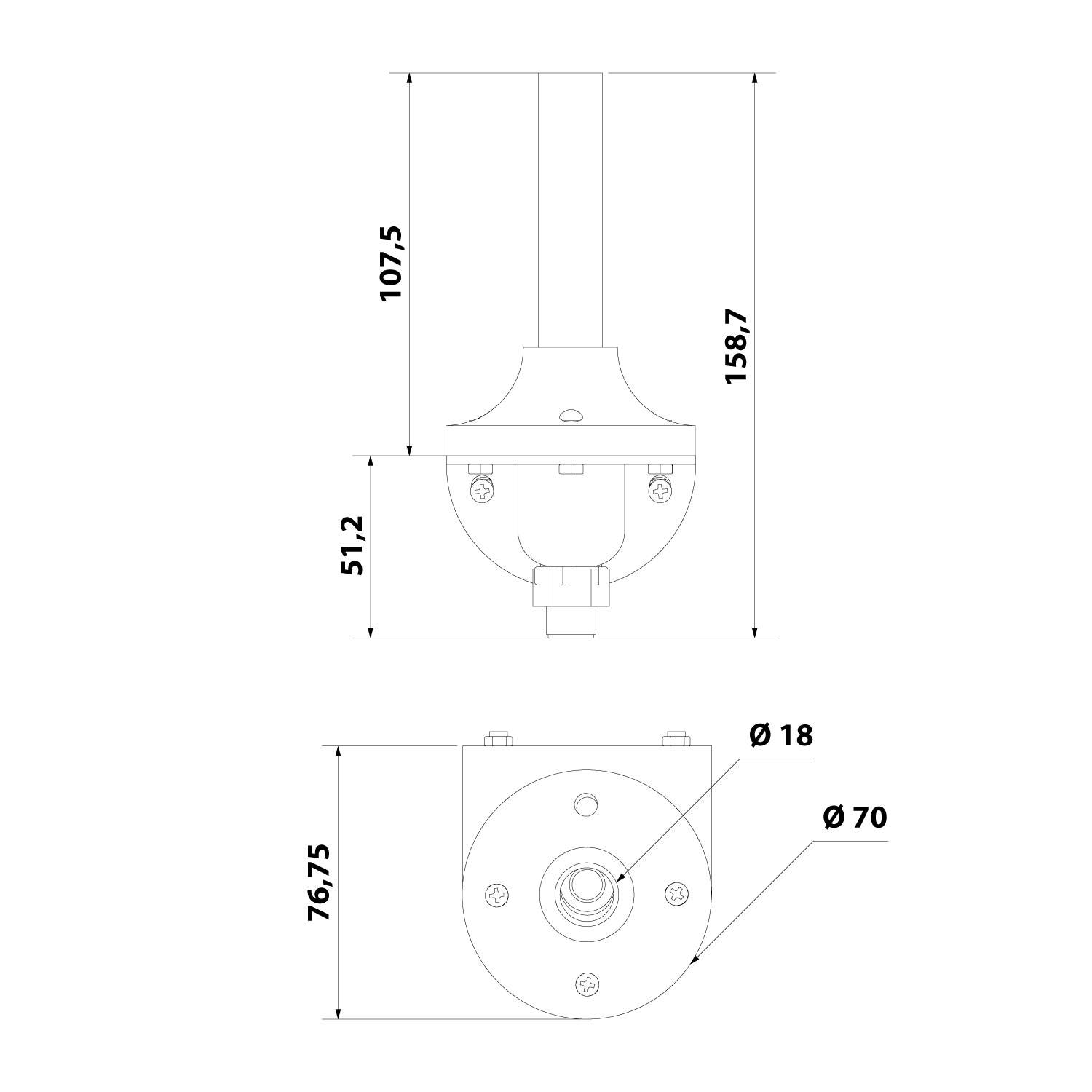 Technische Zeichnung eines mechanischen Bauteils mit Abmessungen. Zeigt Seitenansicht (107,5, 158,7, 51,2) und Draufsicht (Ø18, Ø70, 76,75).