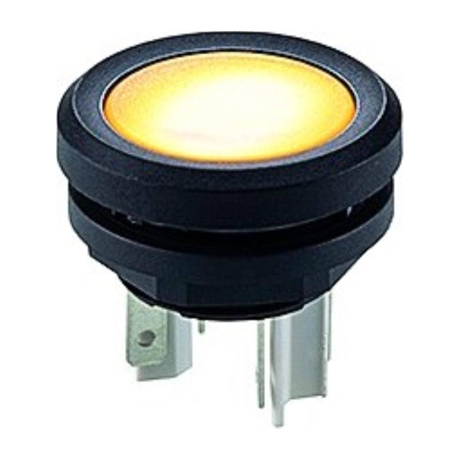 Ein runder Druckknopf mit einem leuchtend gelben Zentrum, eingebettet in ein schwarzes Gehäuse mit Metallzacken darunter, entwickelt für die Integration in elektronische Geräte.