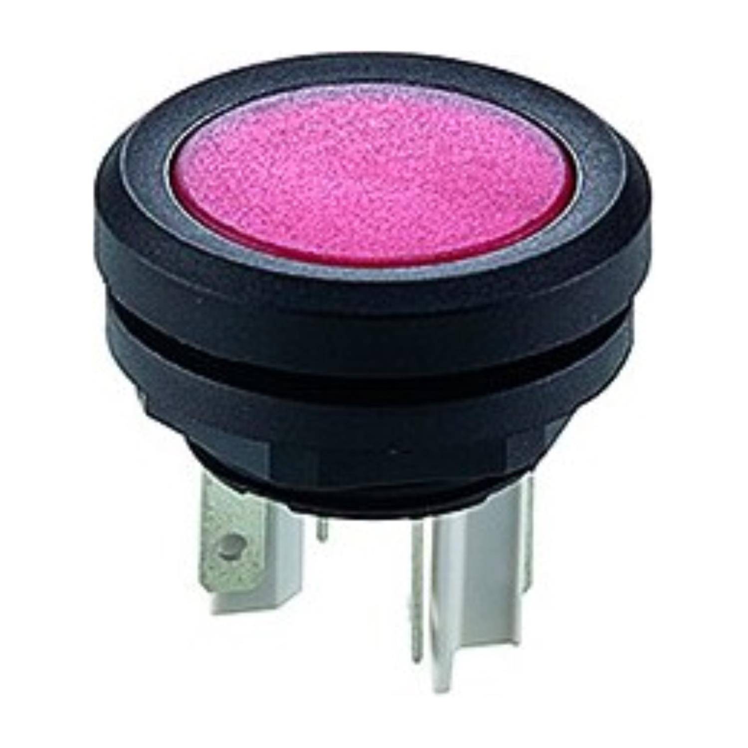 Eine Nahaufnahme eines runden, rosa LED-Druckknopfs mit schwarzem Gehäuse und Metallzungen.