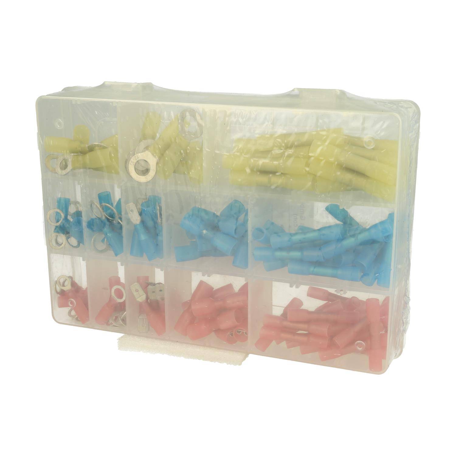 Eine Aufbewahrungsbox aus Kunststoff, die verschiedenfarbige Elektroverbinder enthält: gelb, blau und pink, sortiert in separaten Fächern.
