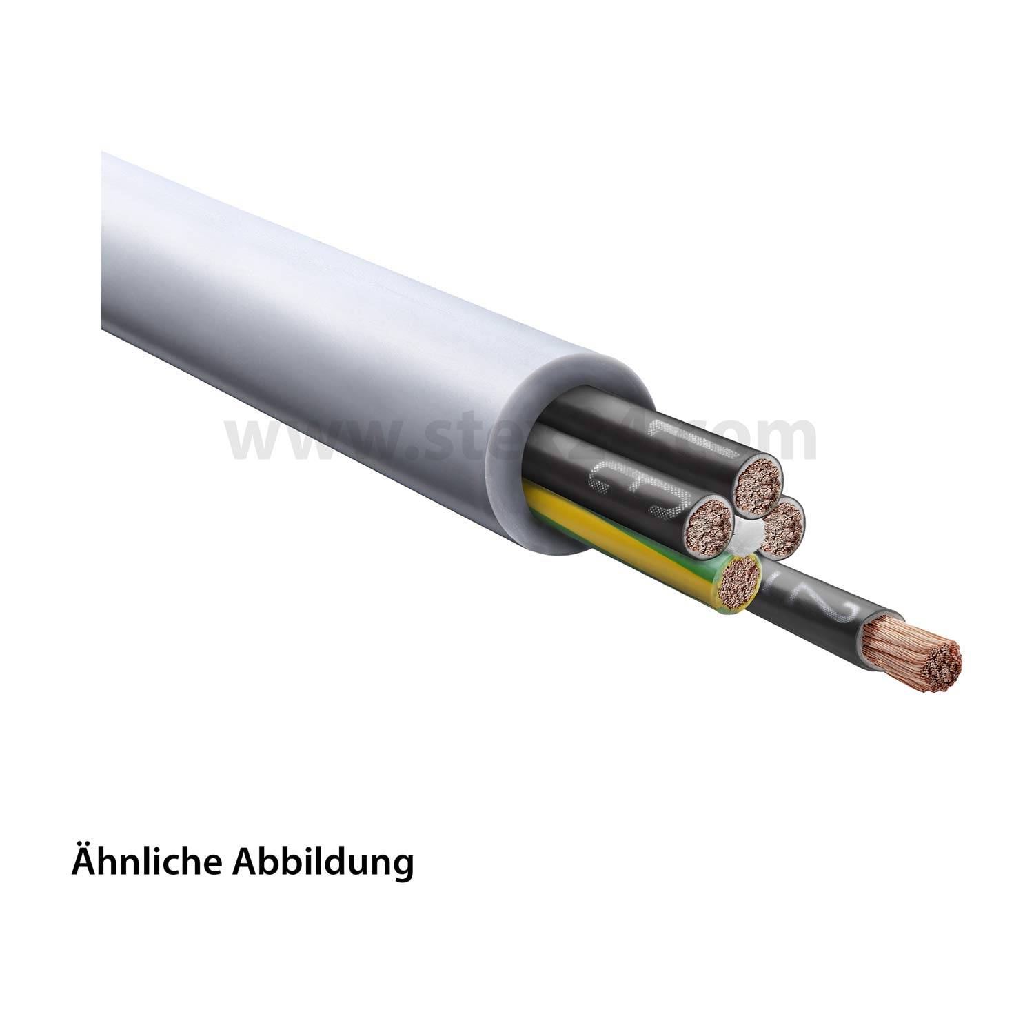 Ein Querschnitt einer elektrischen Leitung mit fünf unterschiedlichen Kupferdrähten innerhalb einer grauen Außenisolierung.
