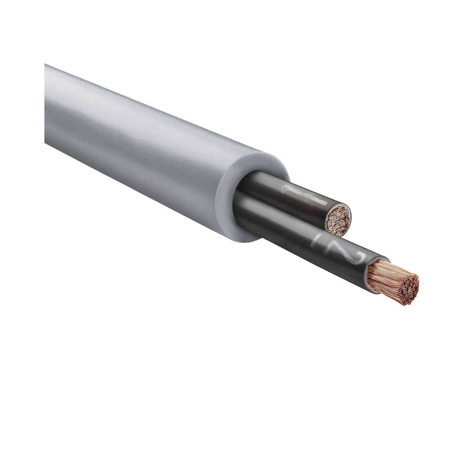 Ein Querschnitt eines elektrischen Kabels, der zwei Kupferdrähte zeigt, die jeweils mit schwarzem Material isoliert und in einer silbernen äußeren Ummantelung eingebettet sind.