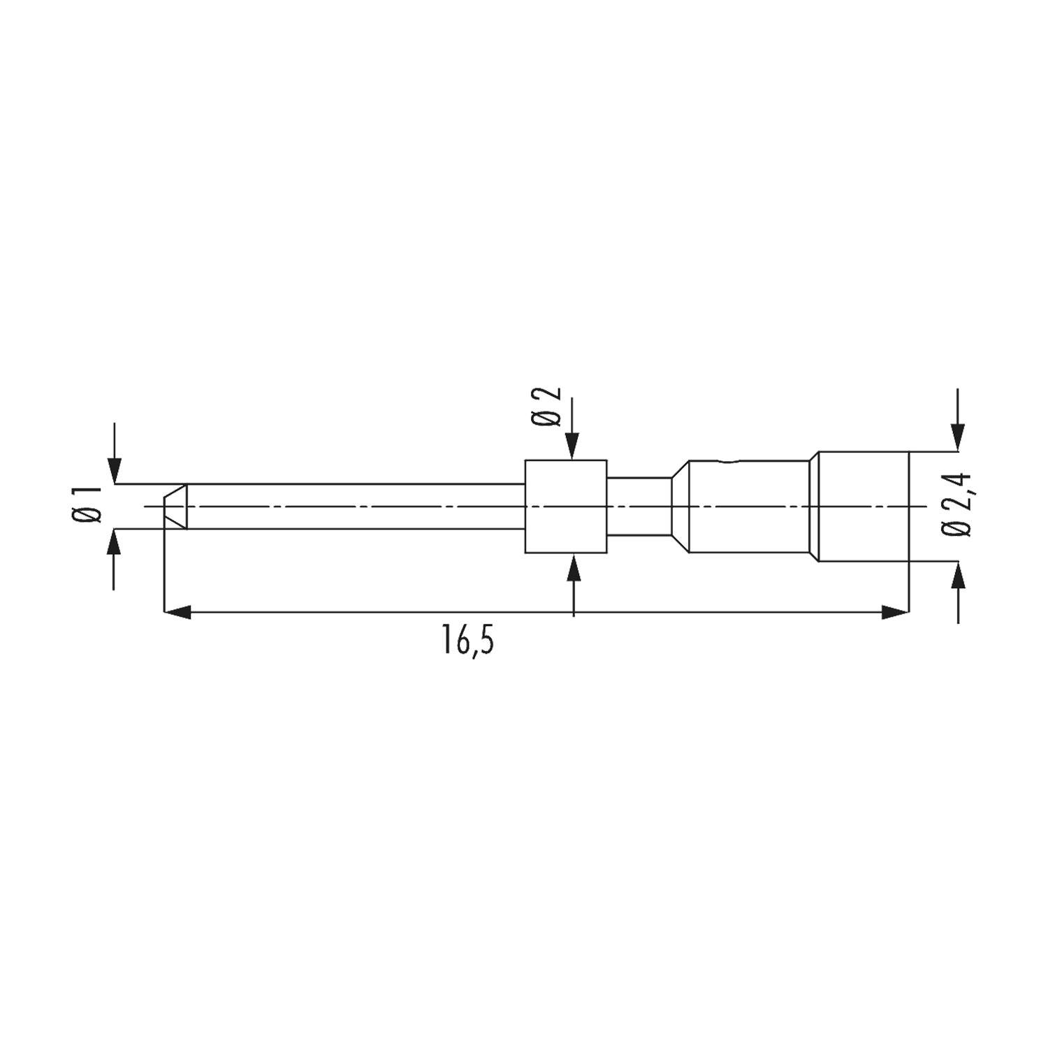 Diagramm einer zylindrischen Metallstange mit Dimensionen: Länge 16,5 Einheiten, Breite 0,2 an der dünnsten Stelle, 2,4 an der breitesten Stelle.