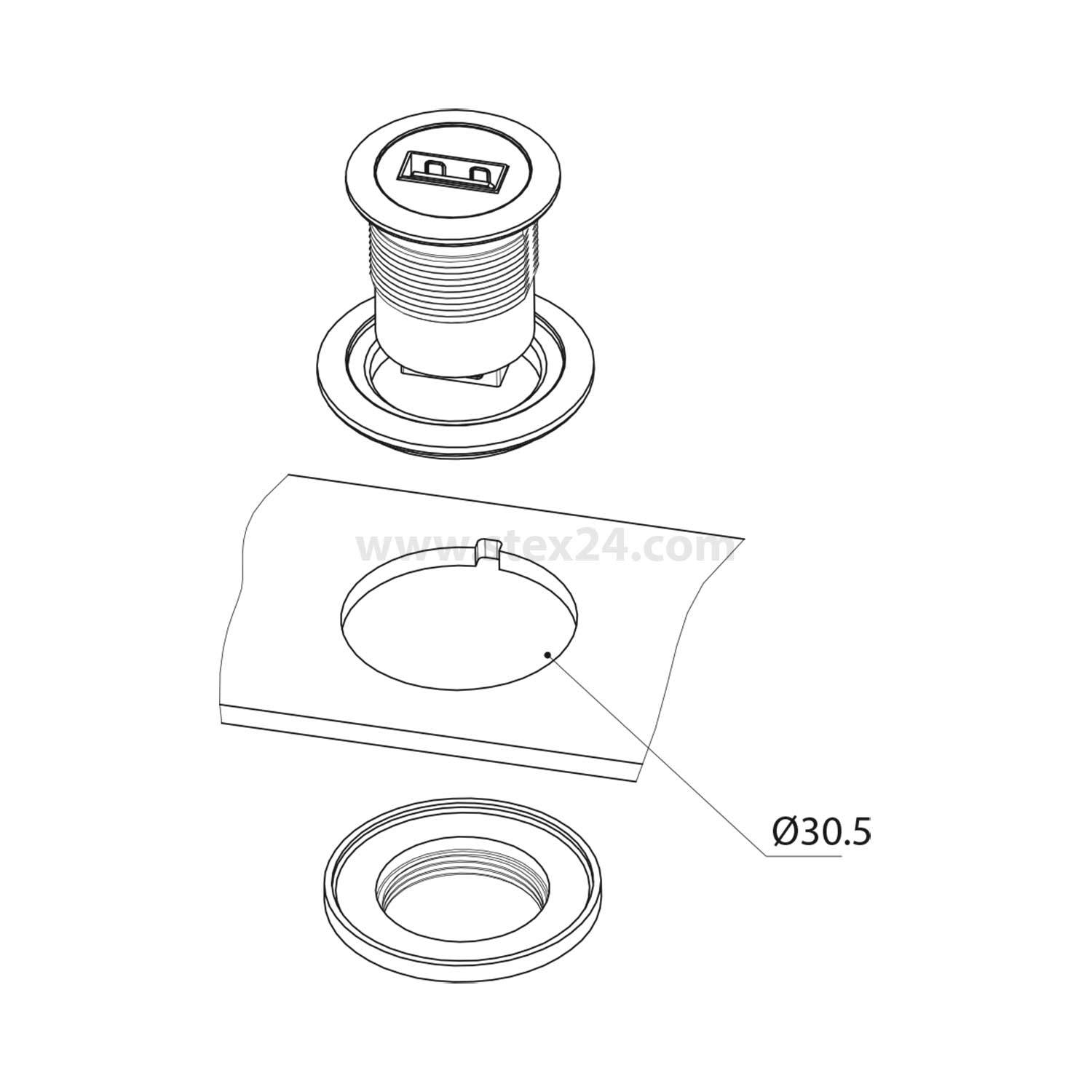 Diagramm einer USB-Buchseninstallation mit einer kreisrunden Öffnung von 30,5 mm Durchmesser, einer USB-Anschlusskomponente und einem Sicherungsring.