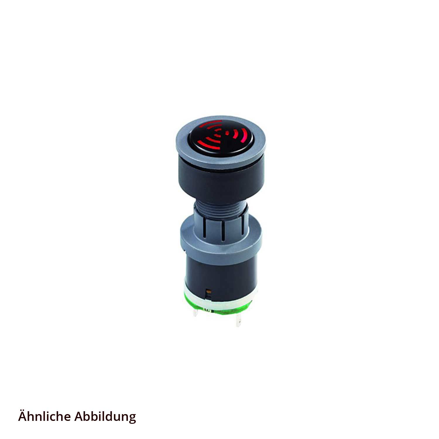 ‚Ähnliche Abbildung' zeigt einen schwarzen und roten industriellen Knopf mit einem Lautsprechersymbol, der auf eine Audio- oder Warnfunktion hinweist.