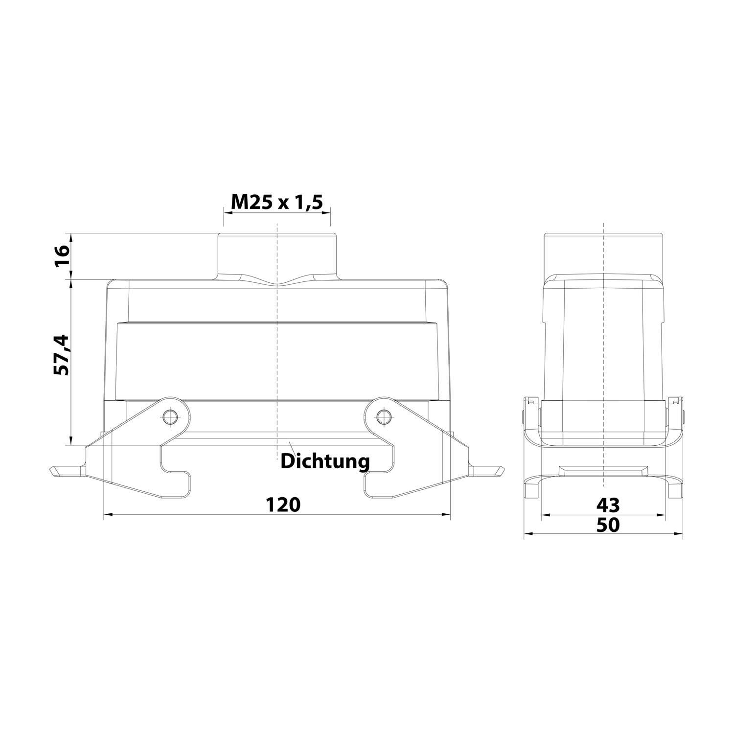 04300241763 HARTING Han 24B Kupplungsgehäuse niedrig, 1xM25 gerader Kabelabgang, mit 2 Querbügeln Verschraubung M25