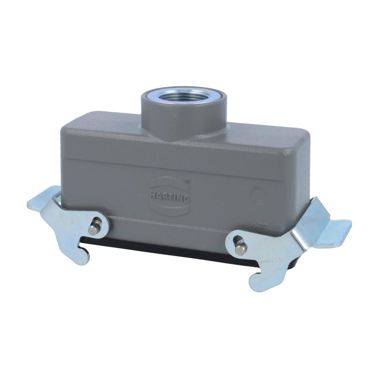 Ein graues industrielles Anschlussgehäuse mit dem Markennamen 'HARTING', das in das Gehäuse eingeprägt ist, versehen mit zwei Metallverriegelungen an den Seiten und einem oberen Kabeleingang.
