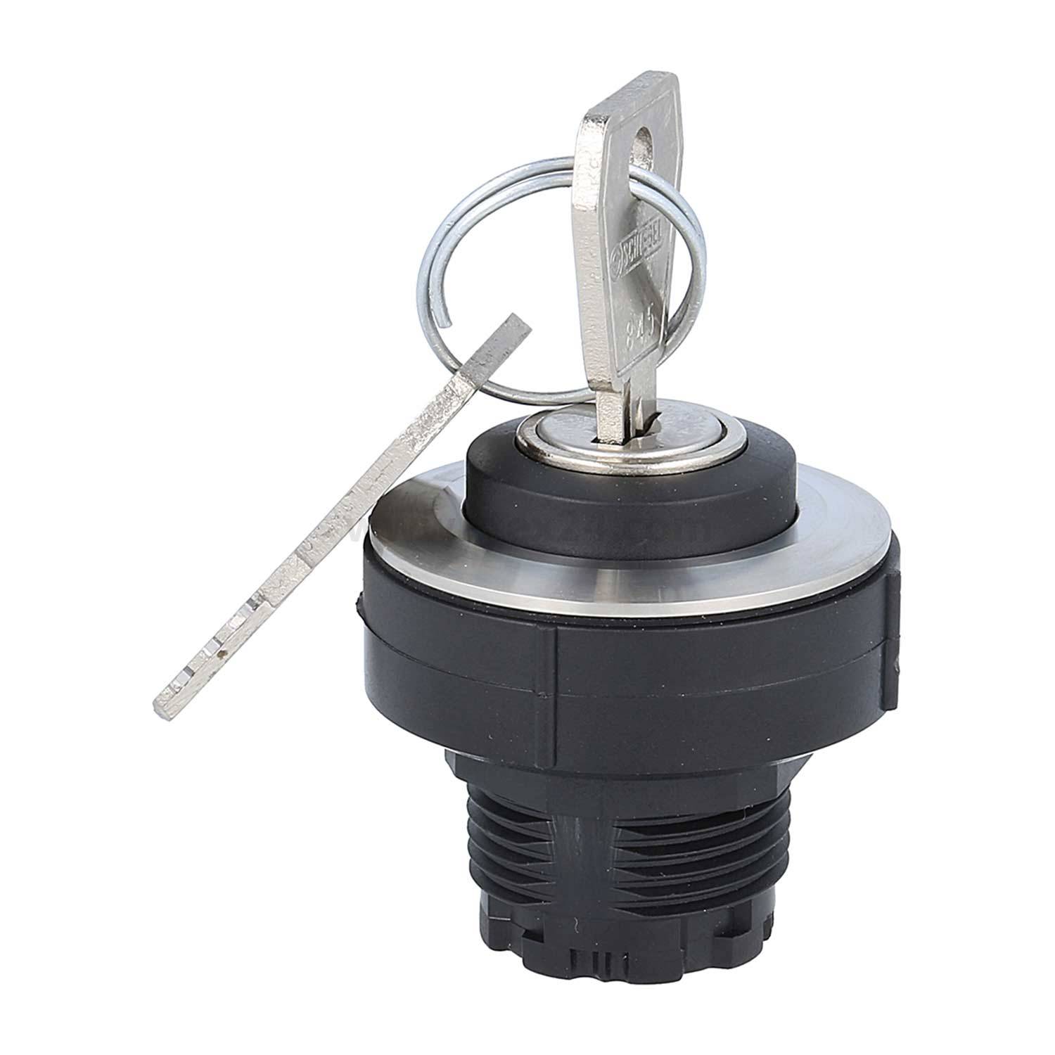 Ein Metallschlüssel, der in einen schwarzen, kreisförmigen Schließmechanismus eingeführt wird, mit einem silberfarbenen Ring, der am Schlüssel befestigt ist.