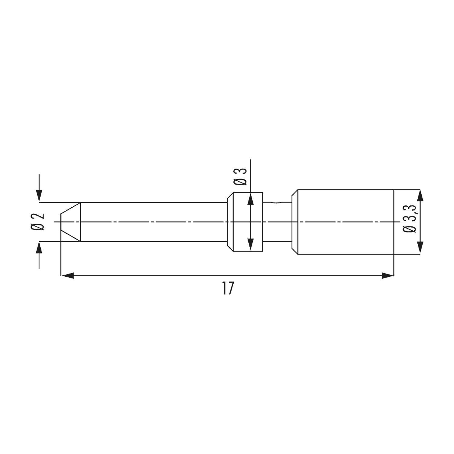 Eine technische Zeichnung eines zylindrischen Stifts mit Abmessungen: Länge 17, Durchmesser an drei Punkten: 2, 3 und 3. Pfeile zeigen die Messungen an.