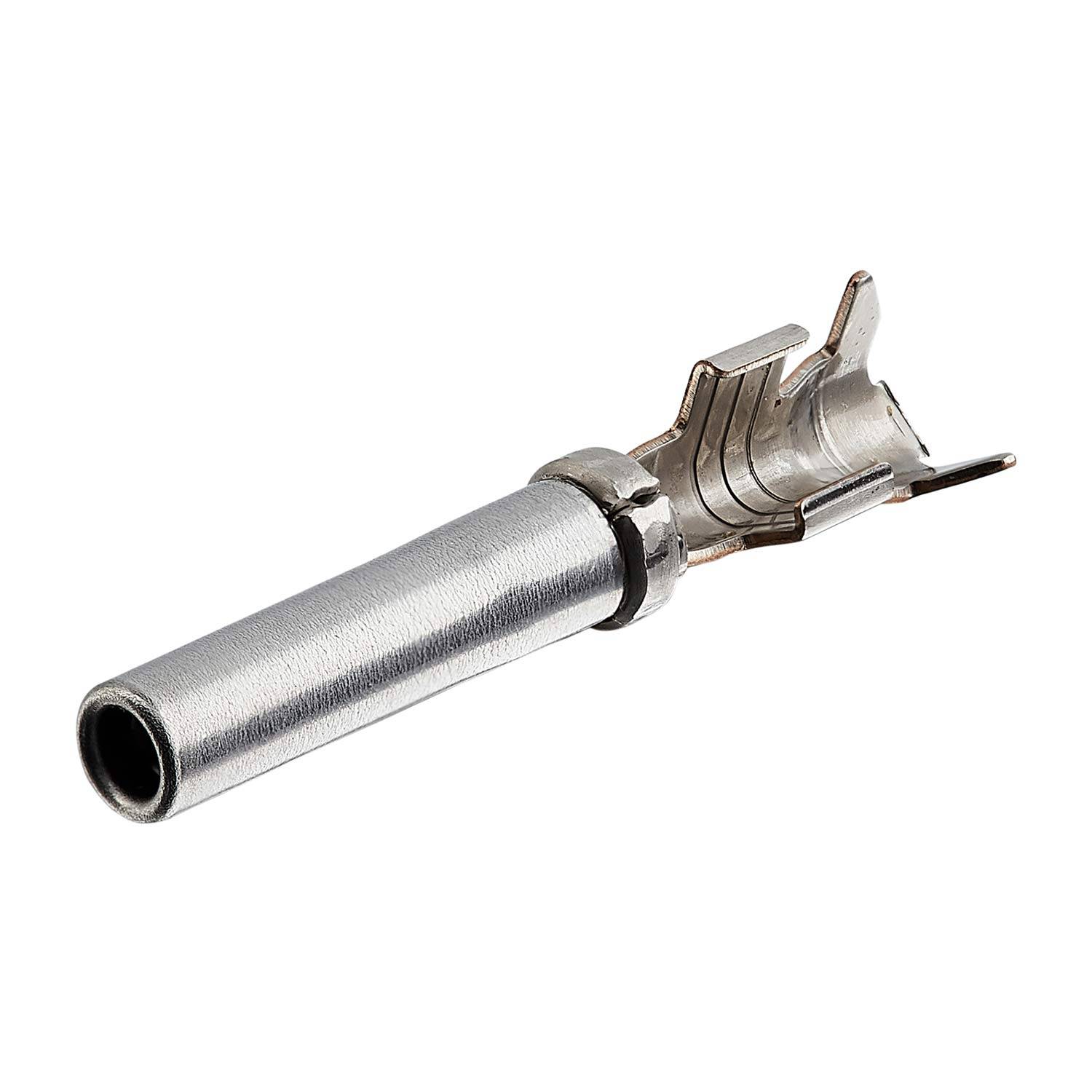 Ein metallischer elektrischer Anschluss mit einem zylindrischen Stift und einer Halterung zum Befestigen an einem Kabel, der zum Herstellen elektrischer Verbindungen verwendet wird.