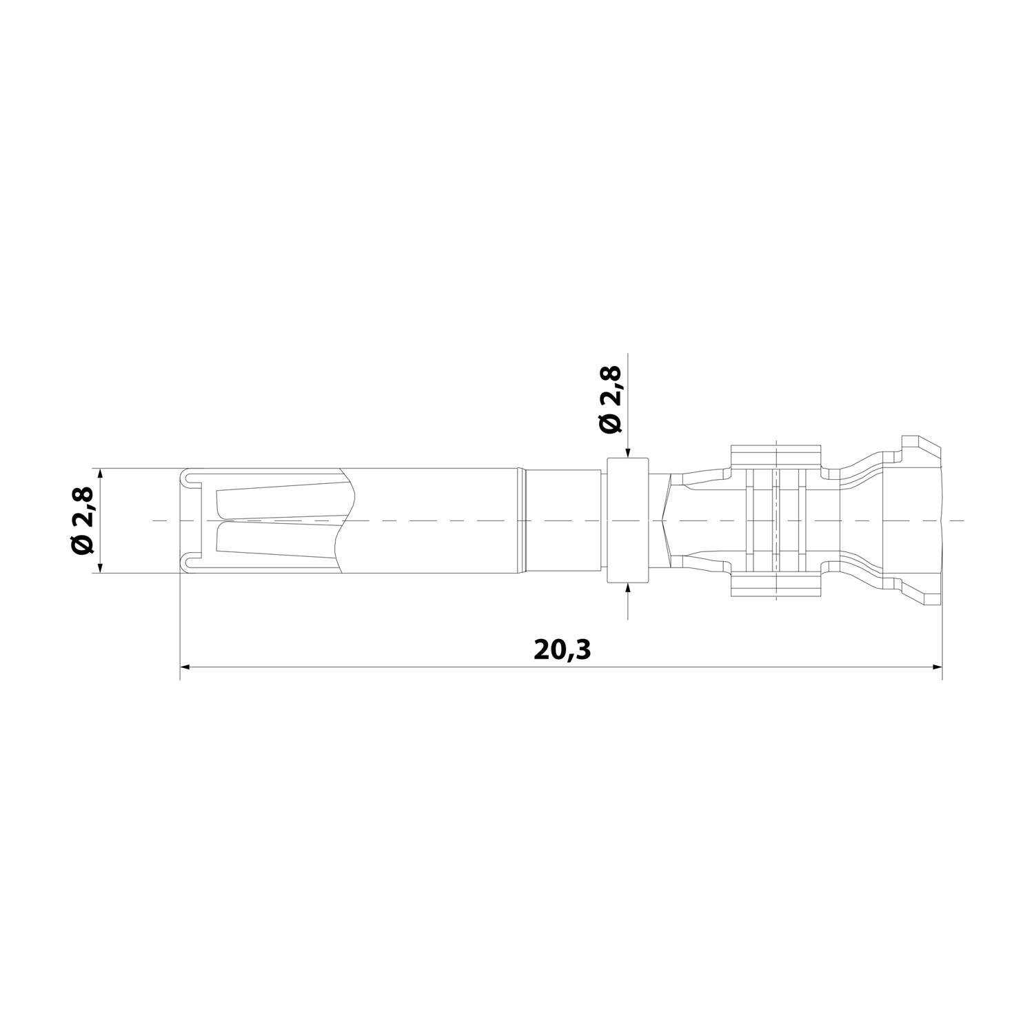 Technische Zeichnung einer zylindrischen Komponente mit verschiedenen Durchmessern und dargestellten Abschnitten. Der Hauptabschnitt ist mit 20.3 beschriftet, Durchmesser 2.8.