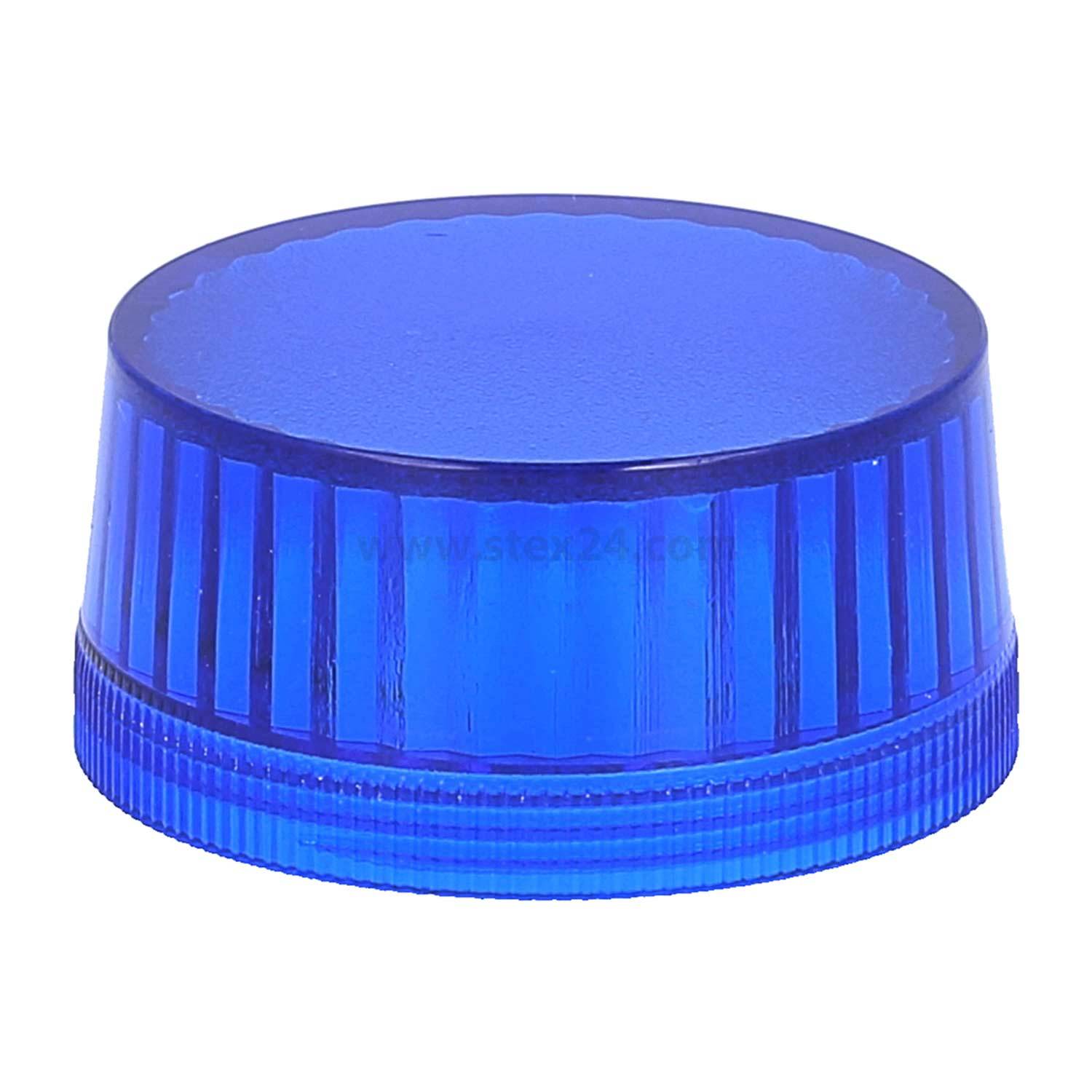 Blaue Plastikflaschenverschluss, zylindrische Form, mit gerippten Seiten für besseren Halt. Geeignet für standardmäßige Flaschenöffnungen.