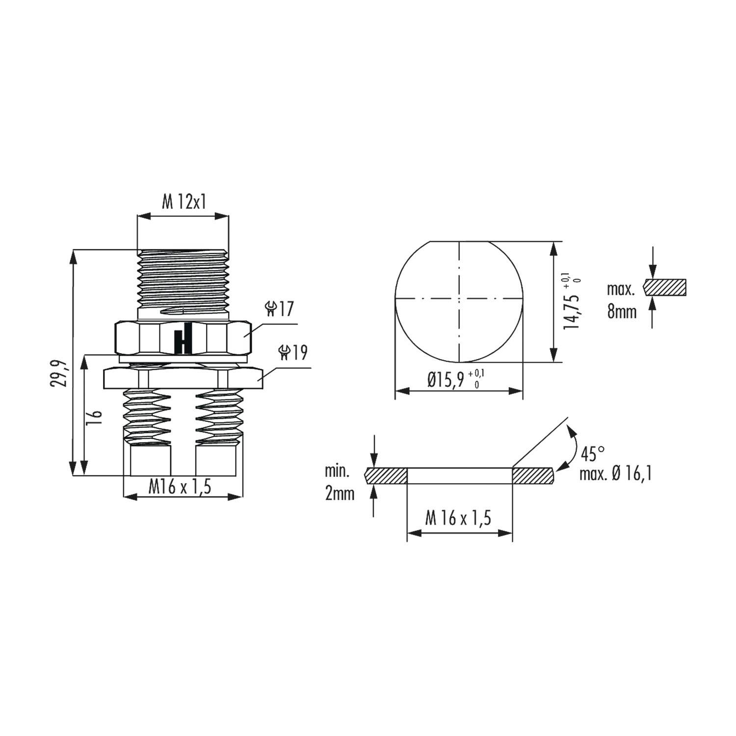 A712-7K4200000G HUMMEL M12 Power Gerätestecker für Stift gerade mit Gegenmutter Vorderwand Farbe silber - 1Stück