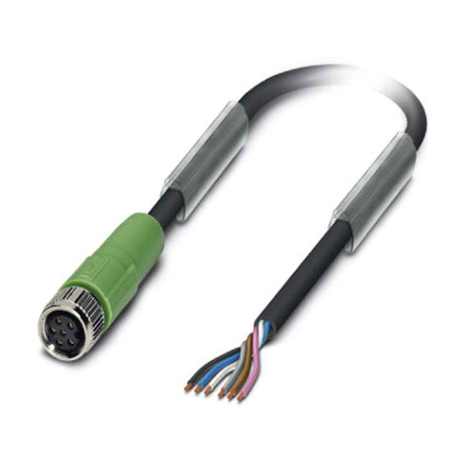 Ein Signalkabel mit einem grünen Stecker und freiliegenden mehrfarbigen Drähten an einem Ende, verwendet für industrielle elektrische Verbindungen.