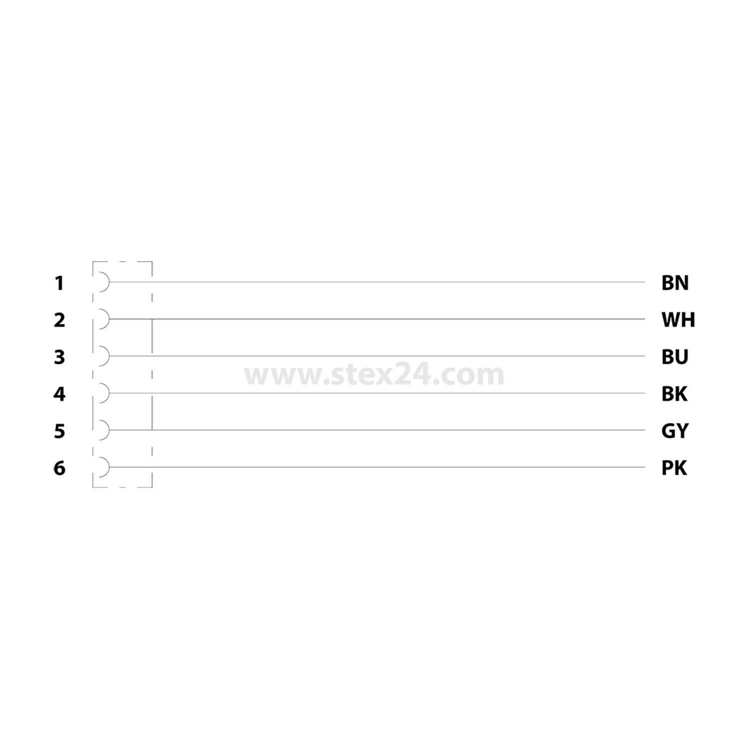 Diagramm mit sechs beschrifteten Kabeln: 1-BR, 2-WS, 3-BL, 4-SC, 5-GR, 6-PK.
