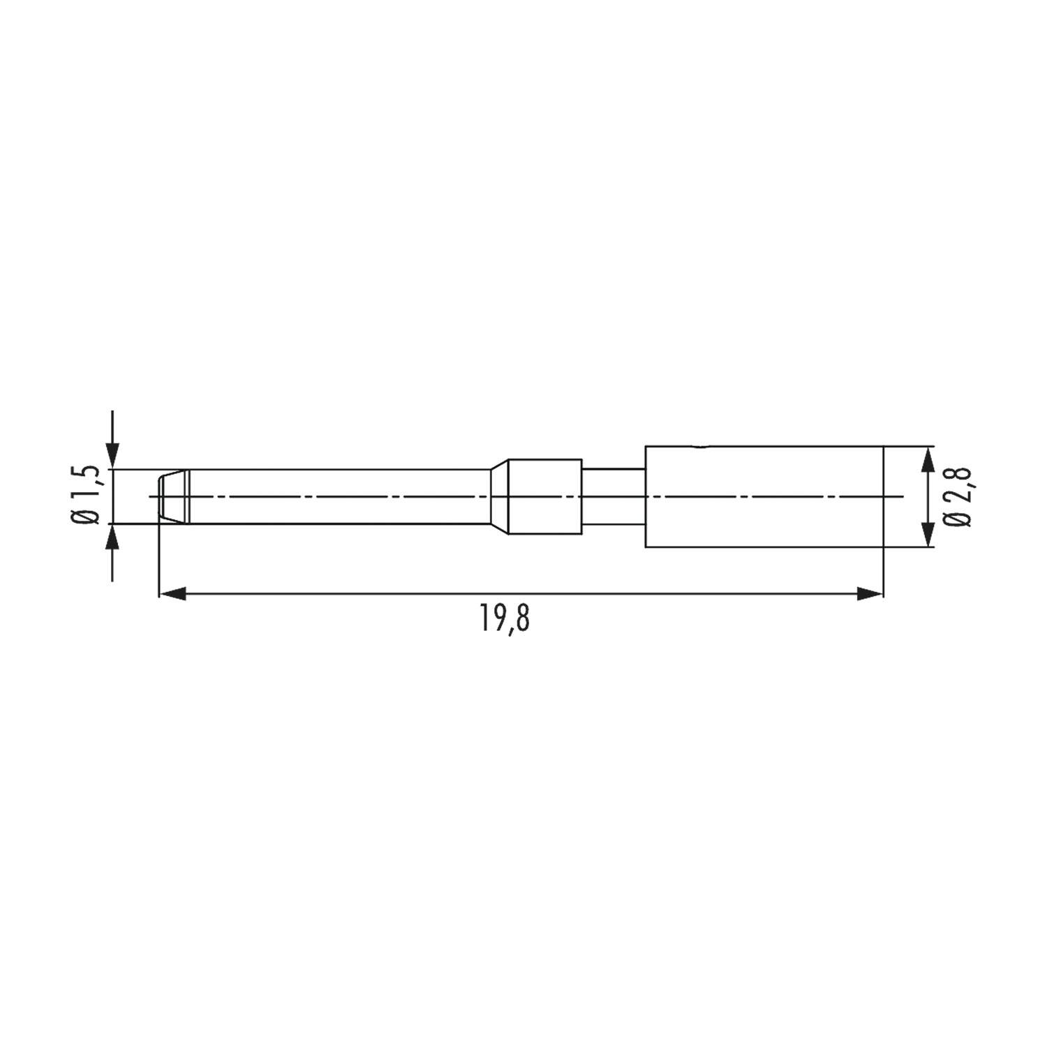 Technische Zeichnung eines zylindrischen Werkzeugteils, 19,8 mm Länge, 1,5 mm Durchmesser an einem Ende, 2,8 mm am anderen Ende, mit Maßangaben.