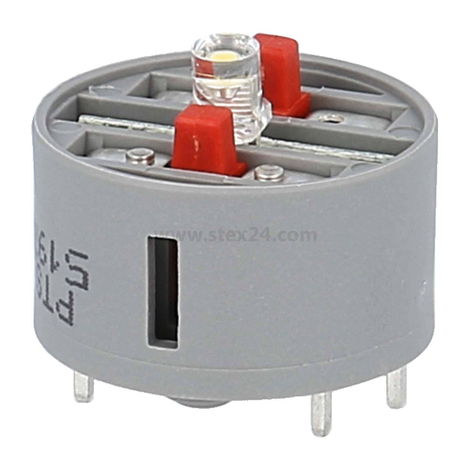 Eine zylindrische graue Relaisfassung mit vier Metallstiften an der Basis, roten Clips und einer kleinen zentralen, birnenförmigen Komponente oben.