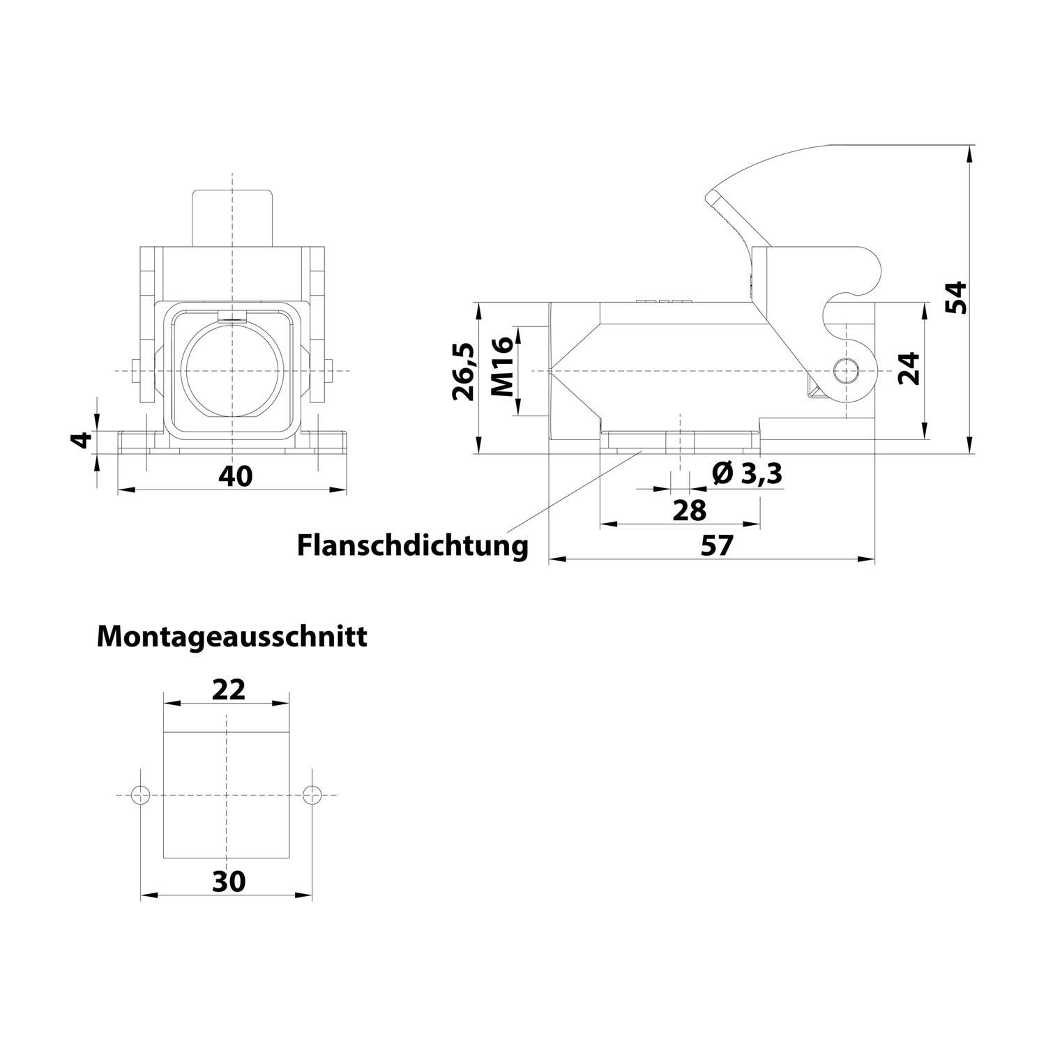 Technische Zeichnung eines Flanschteils mit detaillierten Maßangaben in Millimetern. Wichtige Abmessungen umfassen 40x4, 54x26,5 und M16-Gewinde.