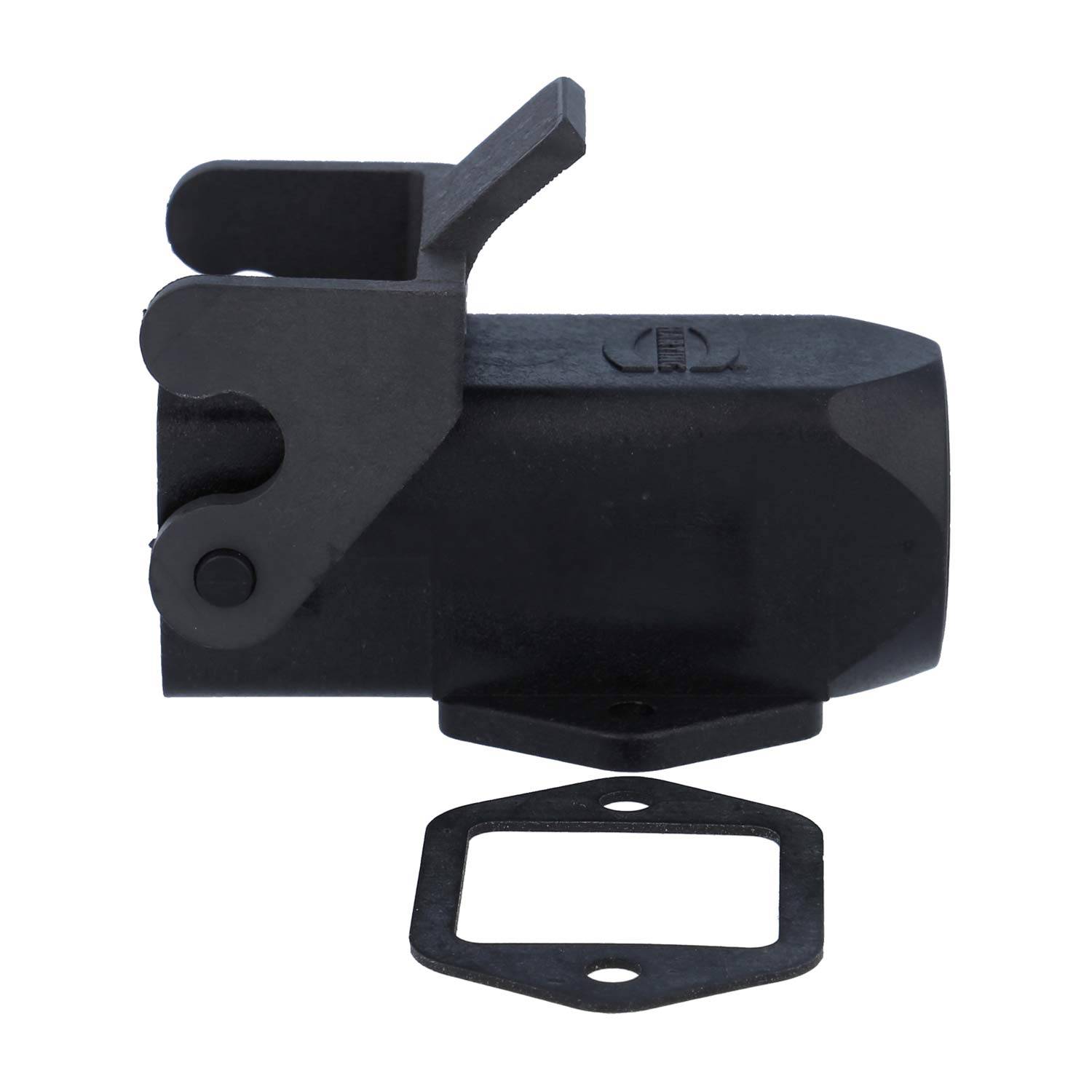 Ein schwarzes industrielles Bauteil mit einem Hebel und einer Dichtung, von der Seite betrachtet. Möglicherweise für mechanische oder technische Anwendungen verwendet.