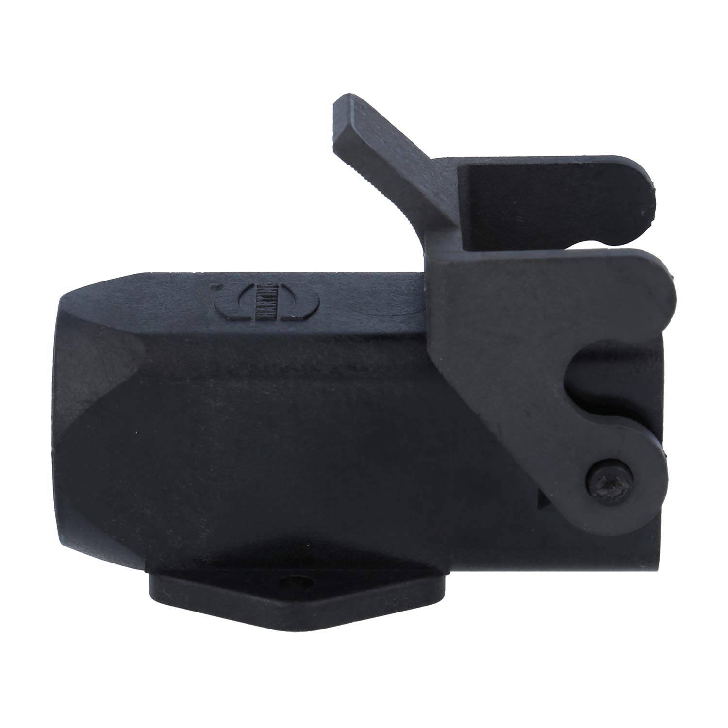 Ein schwarzes Fahrrad-Zubehörteil mit einem sechseckigen Gehäuse und einem klappbaren Klemmmechanismus.