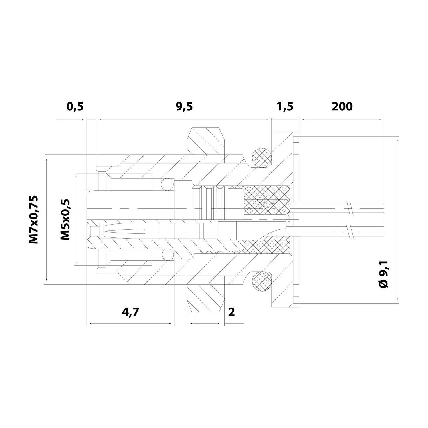 Technische Zeichnung einer mechanischen Komponente mit Maßen und Spezifikationen. Enthält Messungen wie M5x0,5 und M7x0,75.