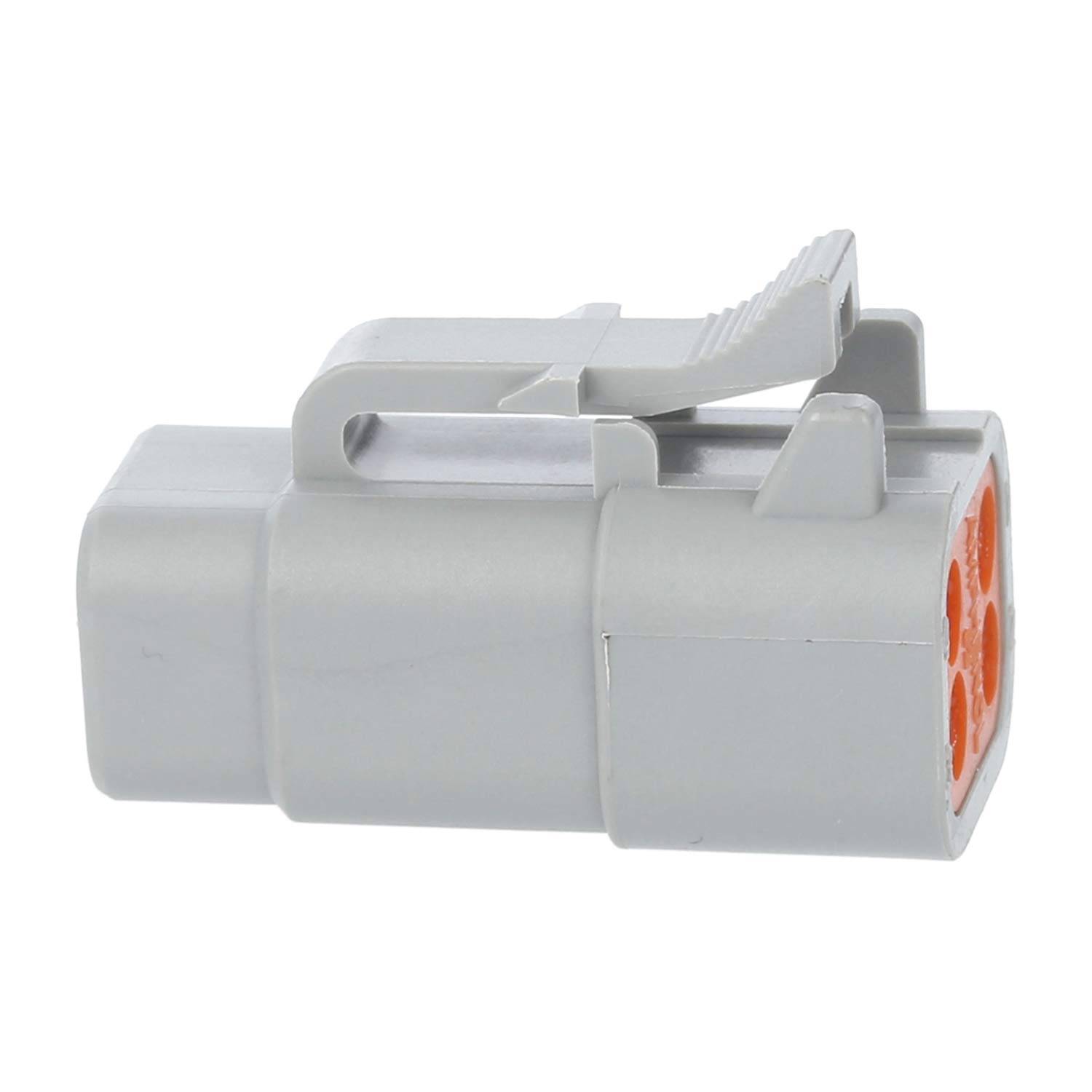 Ein grauer, rechteckiger Elektroverbinder mit orangefarbener Innenseite, konzipiert zum Sichern mehrerer Kabel, von der Seite betrachtet.