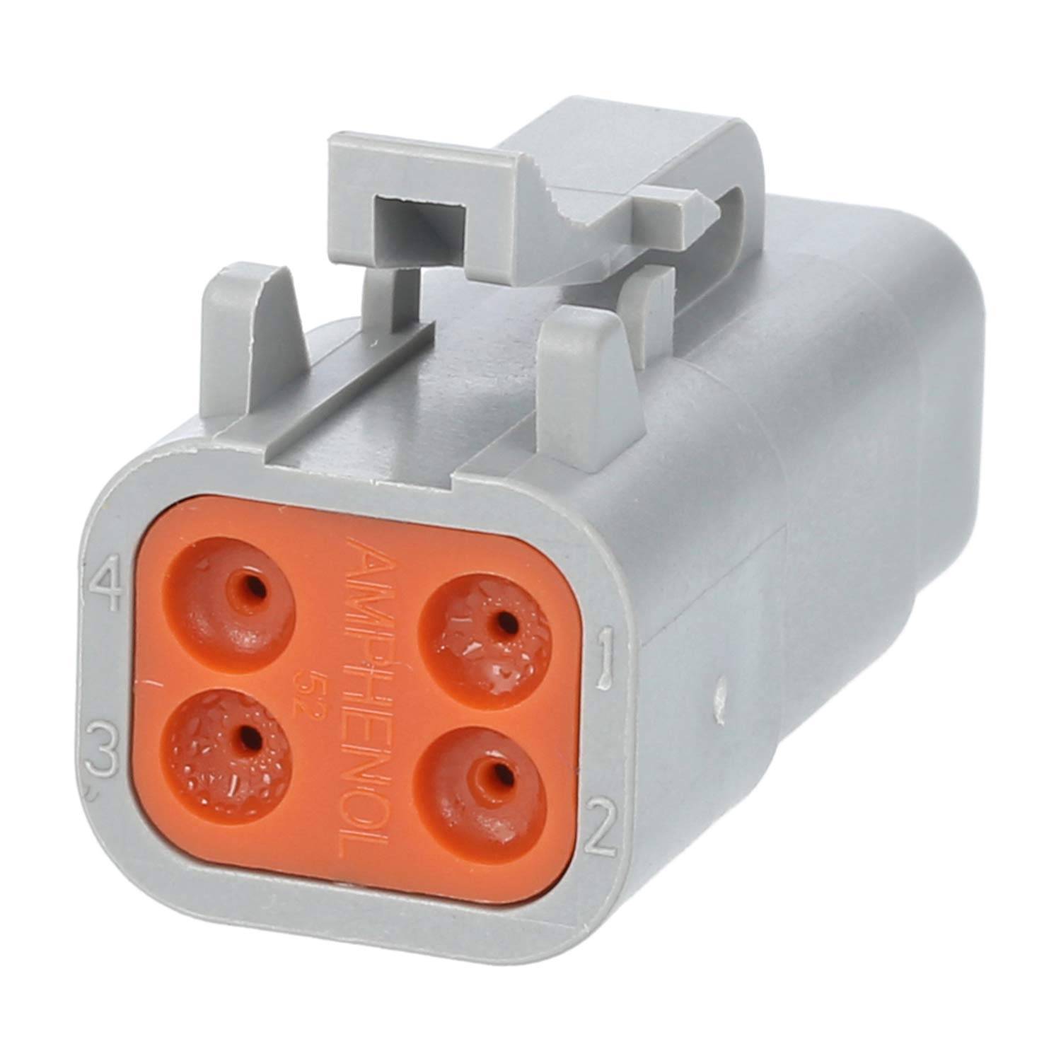 Grauer und orangefarbener Elektroanschluss mit drei kreisförmigen Stiften, von 1 bis 4 beschriftet, der zum Anschluss von Kabeln in elektrischen Systemen verwendet wird.