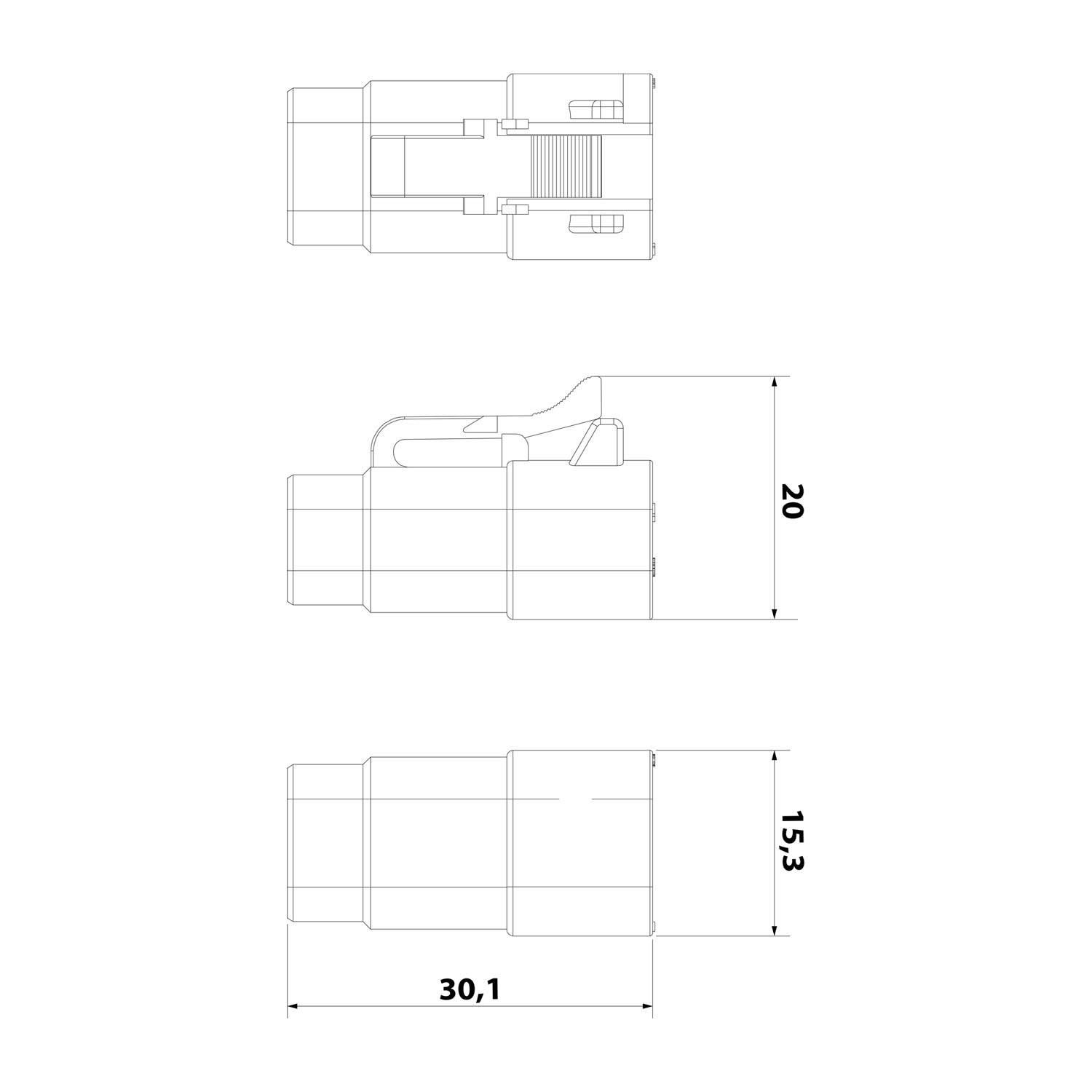 Technische Zeichnung eines dreizackigen zylindrischen Verbinders, mit beschrifteten Abmessungen: Breite 30,1 mm, Höhe 20 mm, Tiefe 15,3 mm.