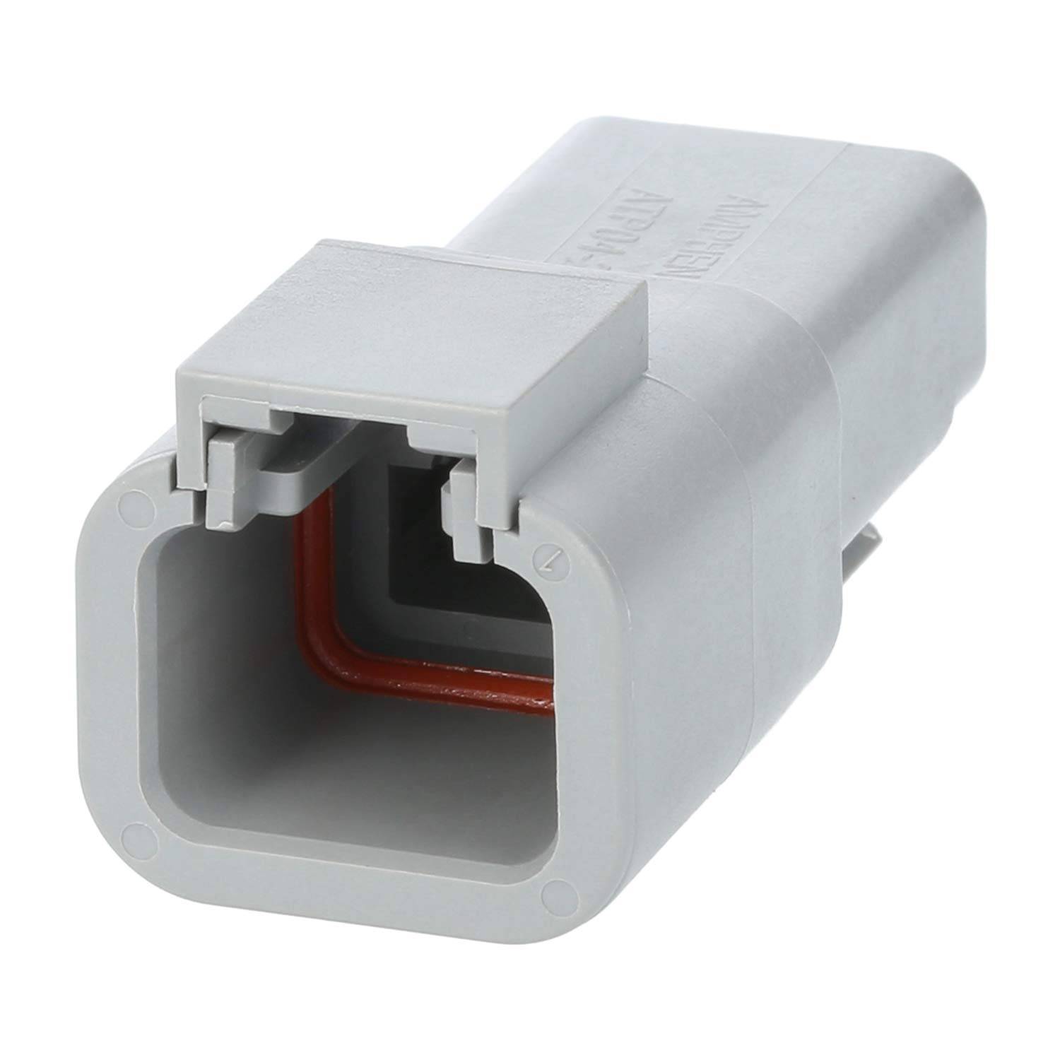 Ein grauer Plastikverbinder mit rechteckiger Form und zwei Clips, der häufig für elektrische oder Automotive-Verkabelung verwendet wird.