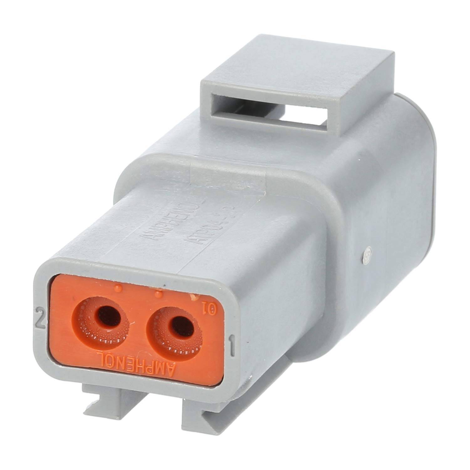 Ein grauer elektrischer Verbinder mit zwei orangefarbenen Buchsen, die mit '1' und '2' beschriftet sind und für sichere Drahtverbindungen in industriellen Anwendungen entwickelt wurden.