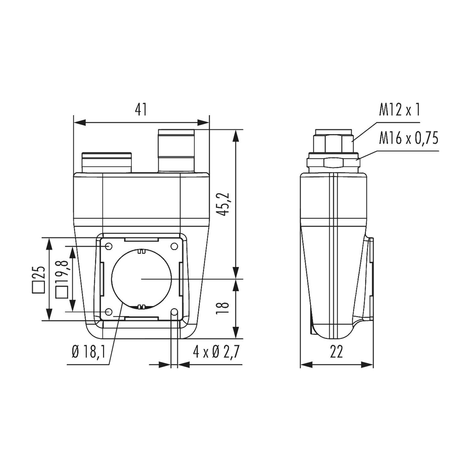 Technische Zeichnung einer mechanischen Komponente mit beschrifteten Abmessungen, die Vorder- und Seitenansicht zeigt. Hauptabmessungen umfassen eine Höhe von 45,2 mm und eine Breite von 41 mm.