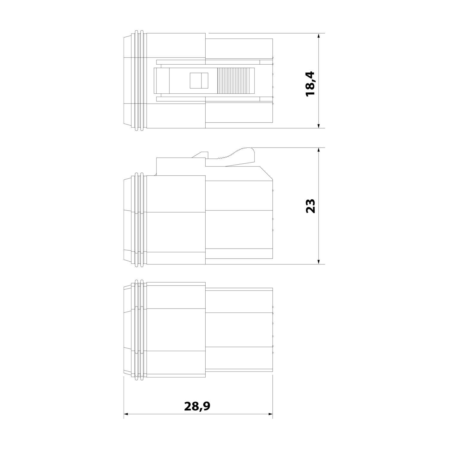 „Drei Ansichten eines mechanischen Bauteils mit beschrifteten Abmessungen: 18,4, 23 und 28,9.
