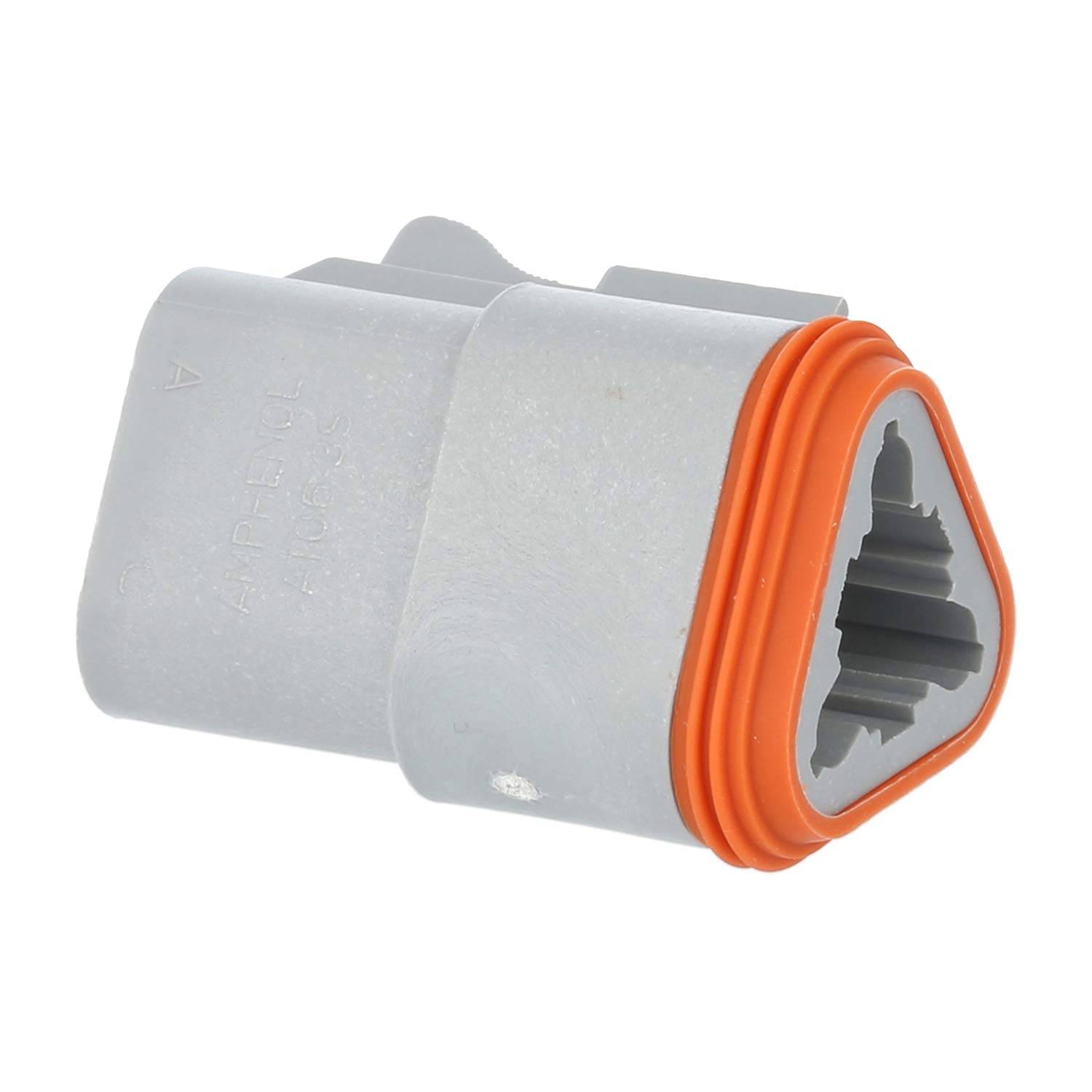 Ein grauer Kunststoff-Elektroverbinder mit einer orangefarbenen Dichtung ist zu sehen, der für sichere Kabelverbindungen in elektronischen Anwendungen konzipiert ist.