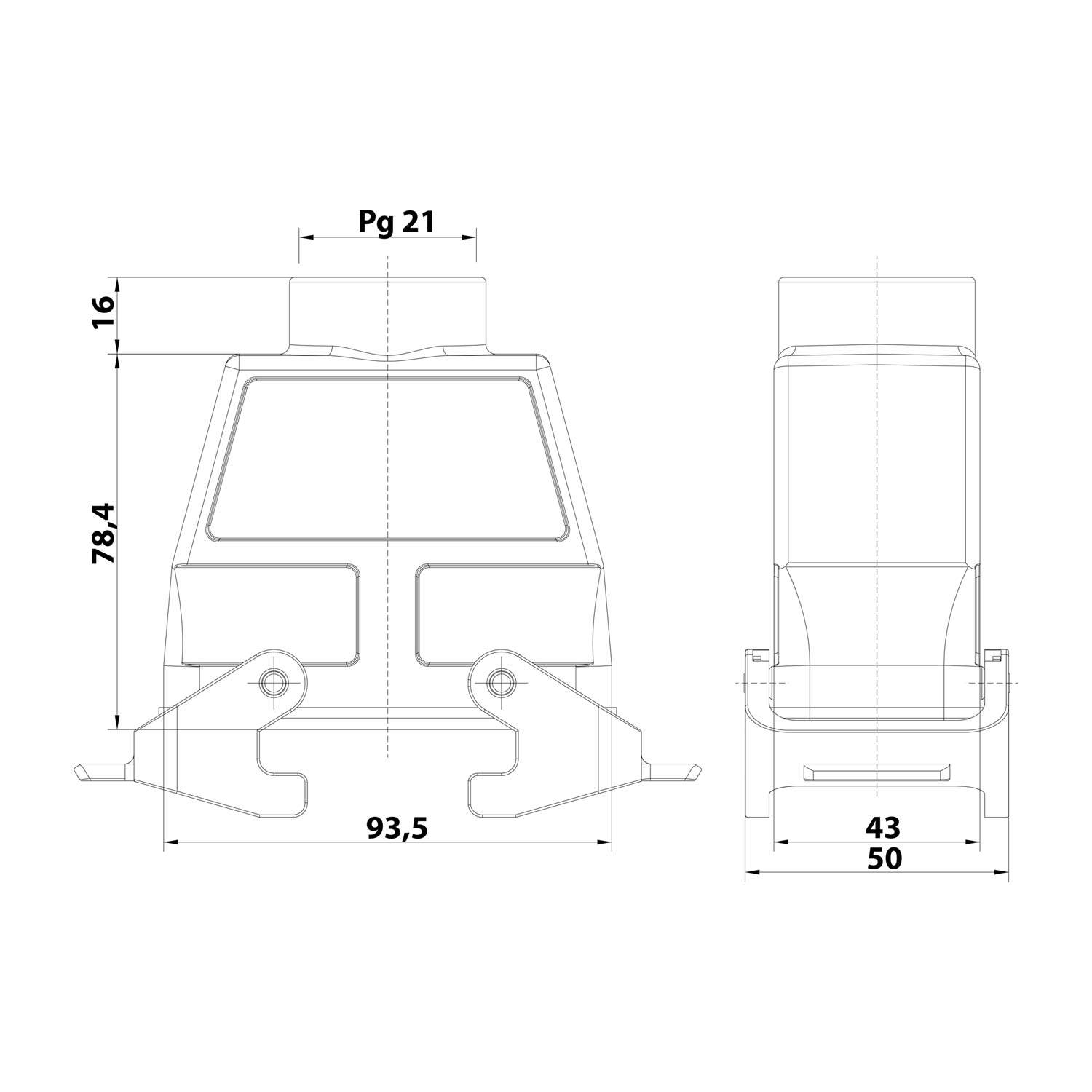 04300160730 HARTING Han 16B Kupplungsgehäuse hoch, 1xPG21 gerader Kabelabgang, mit 2 Querbügeln Verschraubung PG21