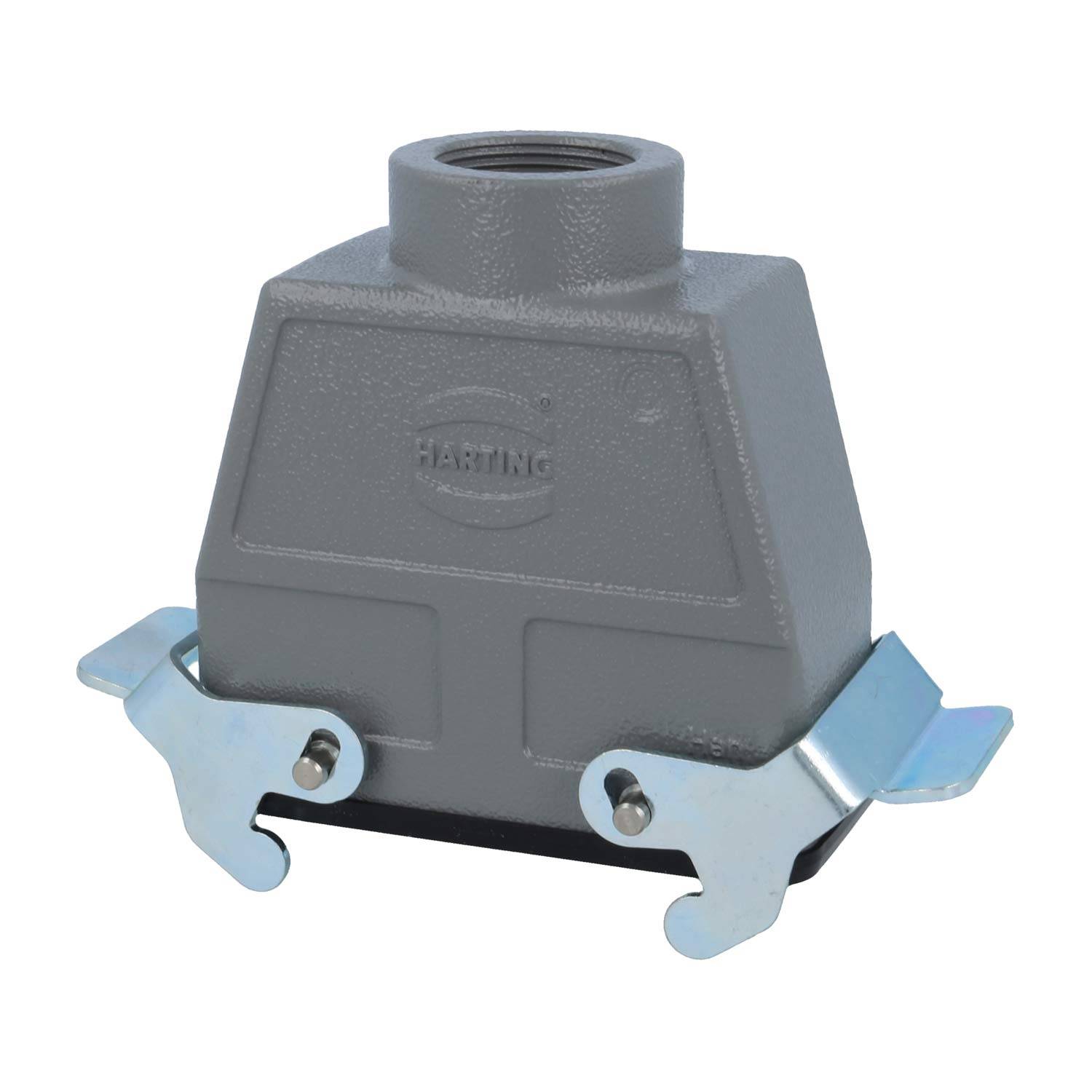 Ein grauer industrieller Anschlussgehäuse mit einer zentralen kreisförmigen Öffnung auf der Oberseite und Metalllaschen an jeder Seite zum Sichern von Verbindungen.