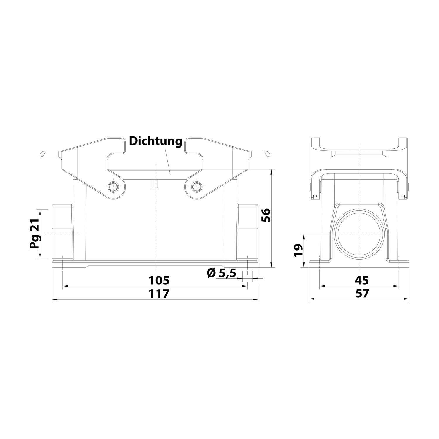 Eine technische Zeichnung, die die Abmessungen einer mechanischen Komponente zeigt, beschriftet mit 'Dichtung', mit numerischen Messungen in Millimetern.