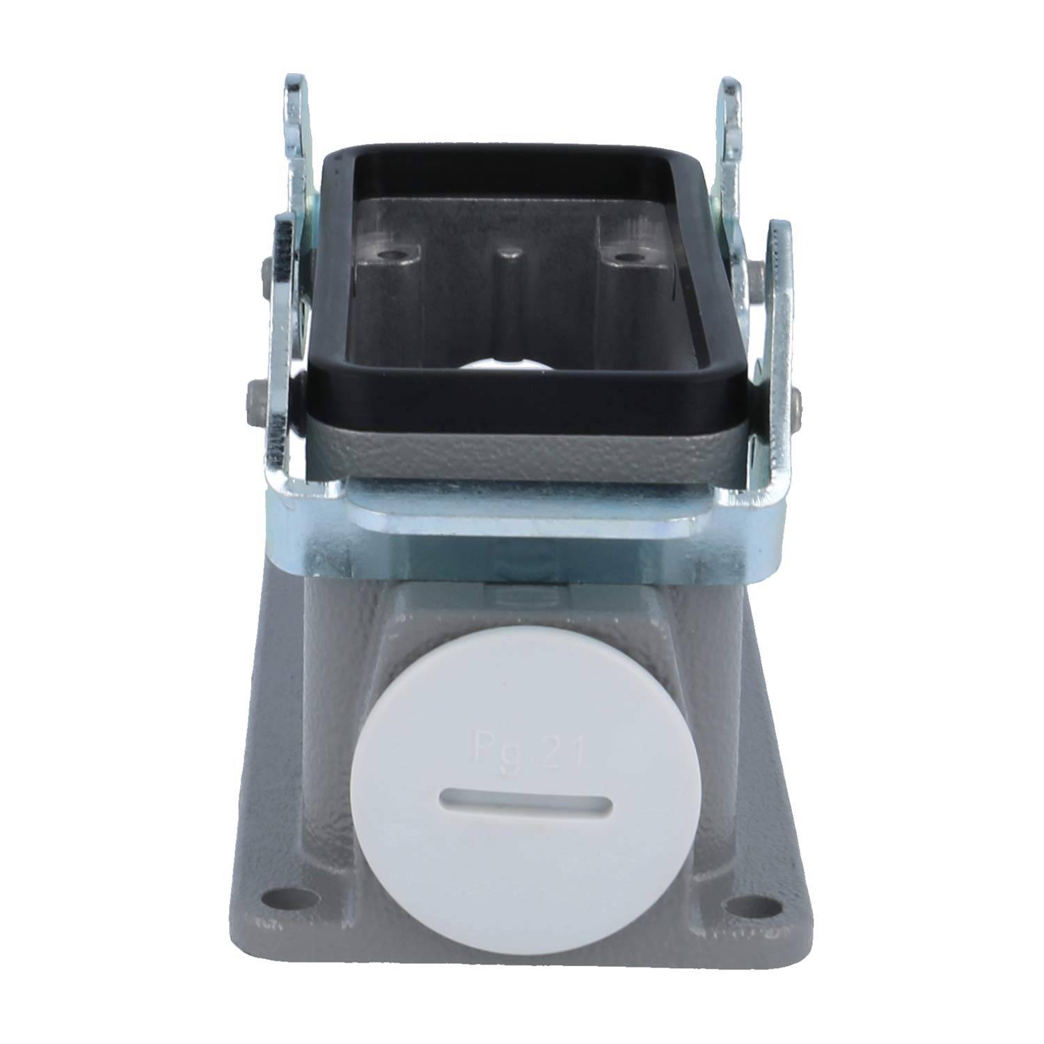 Metallische elektrische Unterputzdose mit Befestigungsbügeln, einer schützenden schwarzen Abdeckung und einem weißen kreisförmigen Stecker.